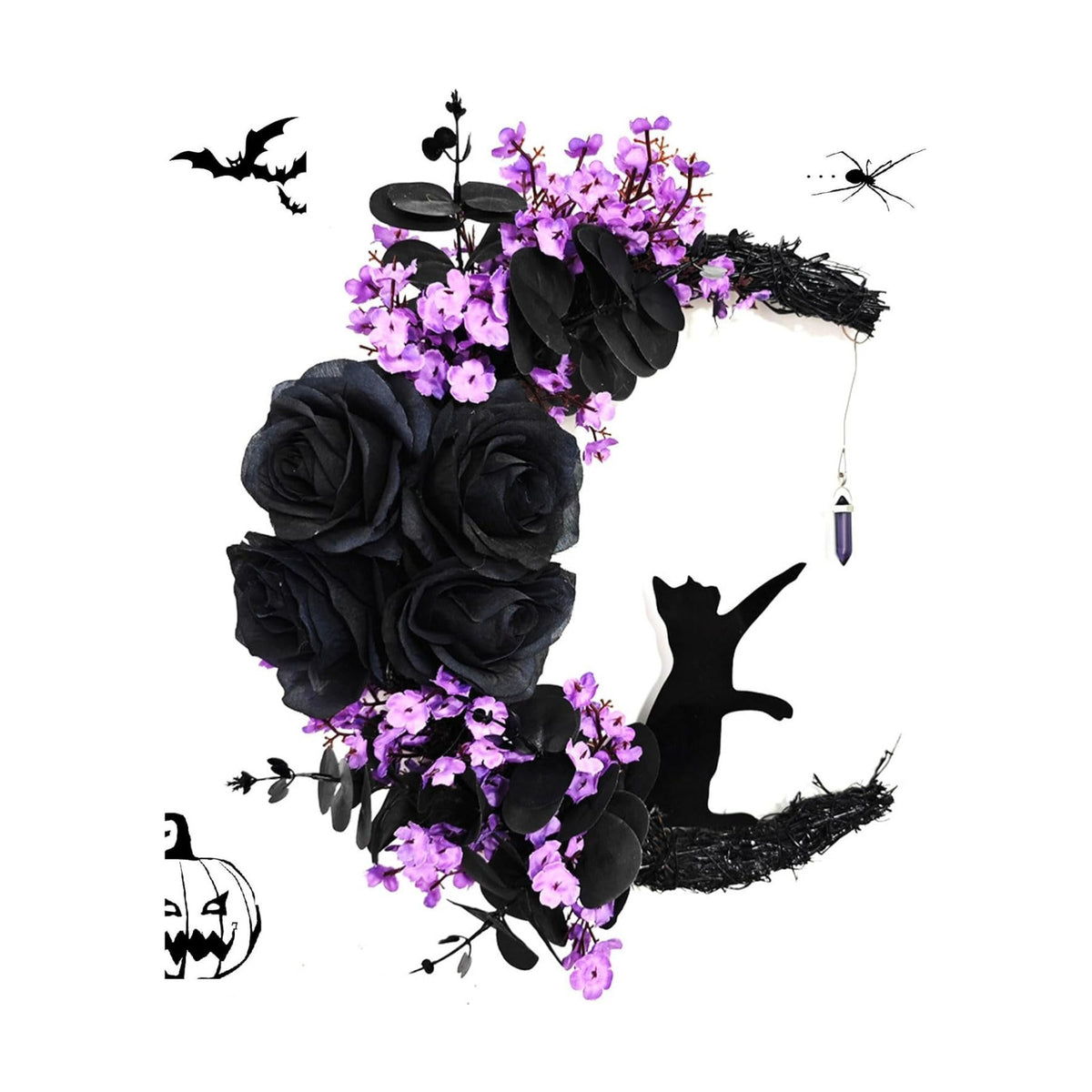 Black Rose Halloween Wreath with Lights, Crescent Moon Cat Wreath