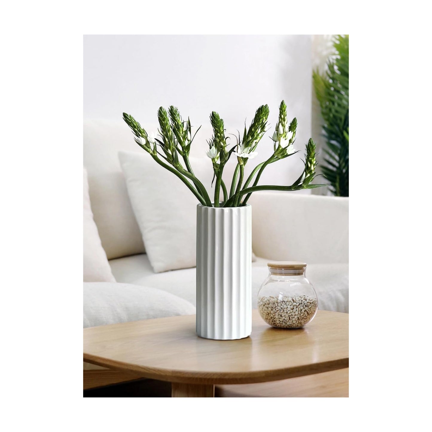 Glazed Ceramic Vase Ribbed Minimalist Waterproof Flower Vase / Straight Cylinder / White
