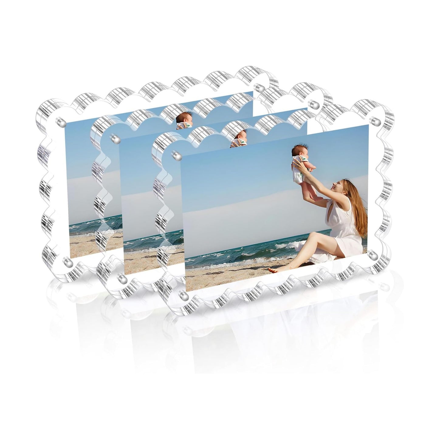 Chivalral 3 Pack 4x6 Acrylic Picture Frame, Double-Sided Tabletop Display | Scalloped Edge Design,10+10mmThick,Magnetic