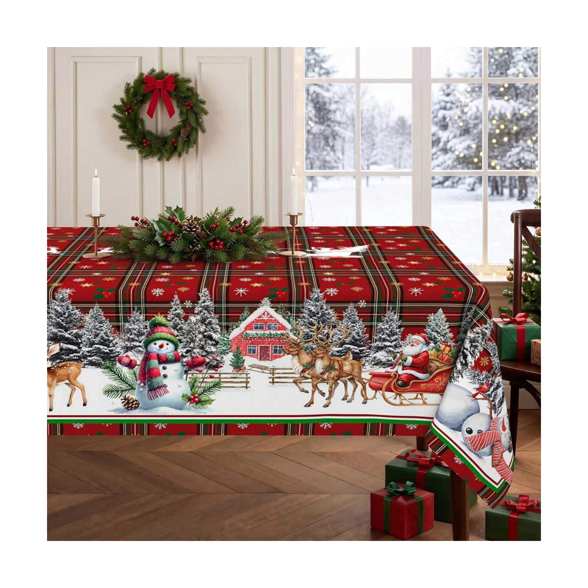 Red Christmas Plaid Tablecloth Rectangle 60 x 102 Inch, Waterproof Machine Washable Fabric Polyester Snowman Xmas Tablecloths Rectangular Holiday Christmas Table Cloth Rectangle Table Cover