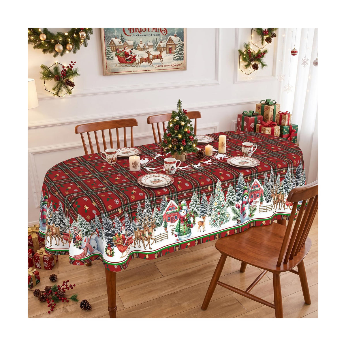 Red Oval Christmas Plaid Tablecloth 60 x 102 Inch, Waterproof Machine Washable Fabric Polyester Christmas Table Cloths Oval Snowman Xmas Holiday Tablecloth for Kitchen Dining Party