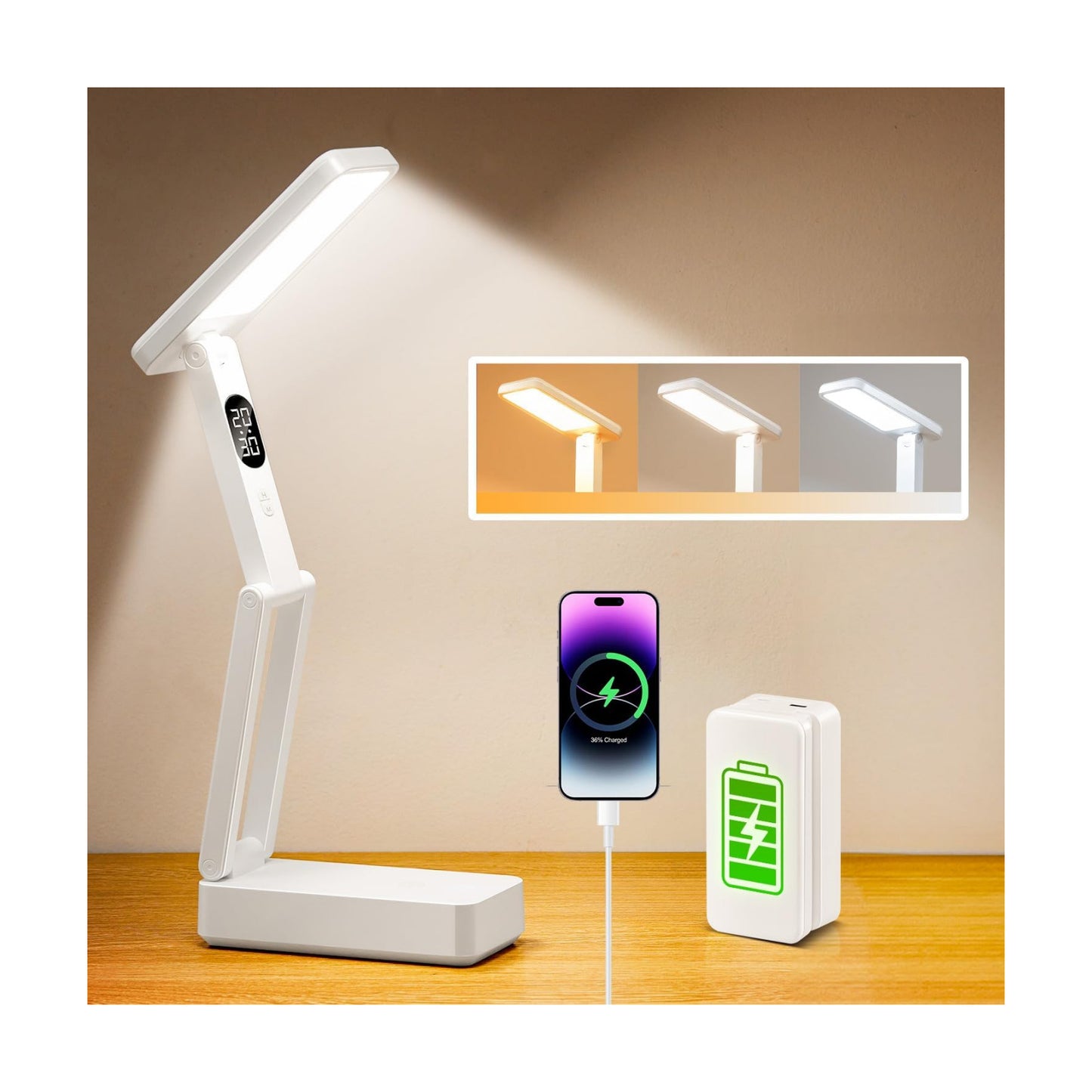 Small Desk Lamp,10000mAh Battery Operated Lamp,3 Colors+Dimmable Desk Light,LED Desk Lamp with USB Charging