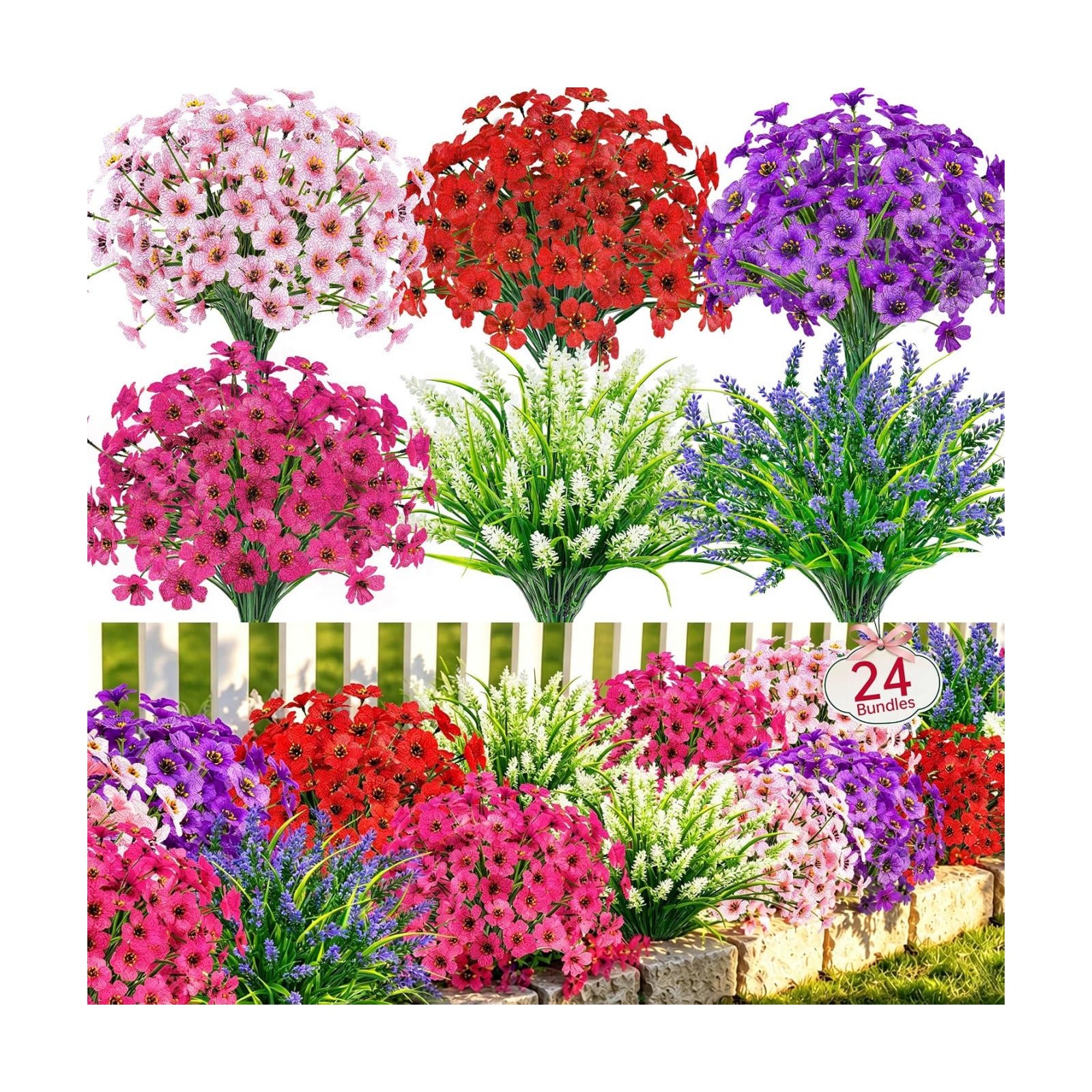 24 Bundles UV Resistant Artificial Flowers / Multi-color A