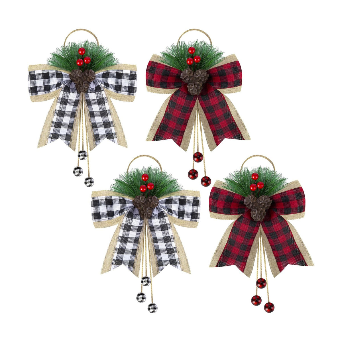 codree 4 Pcs Christmas Burlap Plaid Bows with Pine Cones Pine Needles