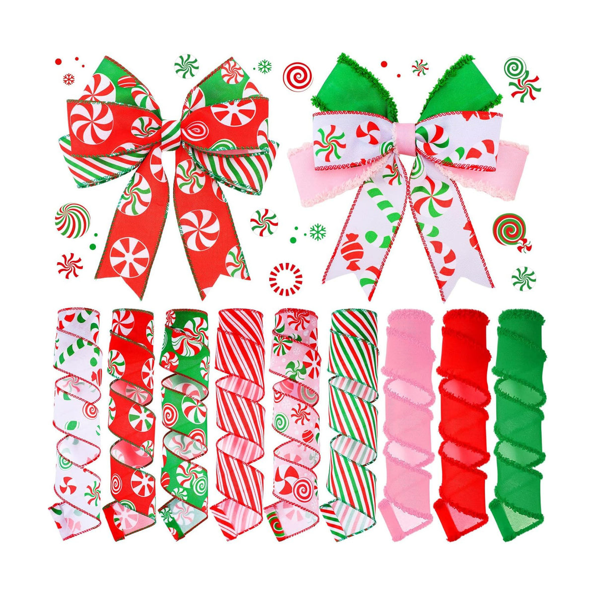 9 Rolls Christmas Wired Ribbon Candy Peppermint Wreaths