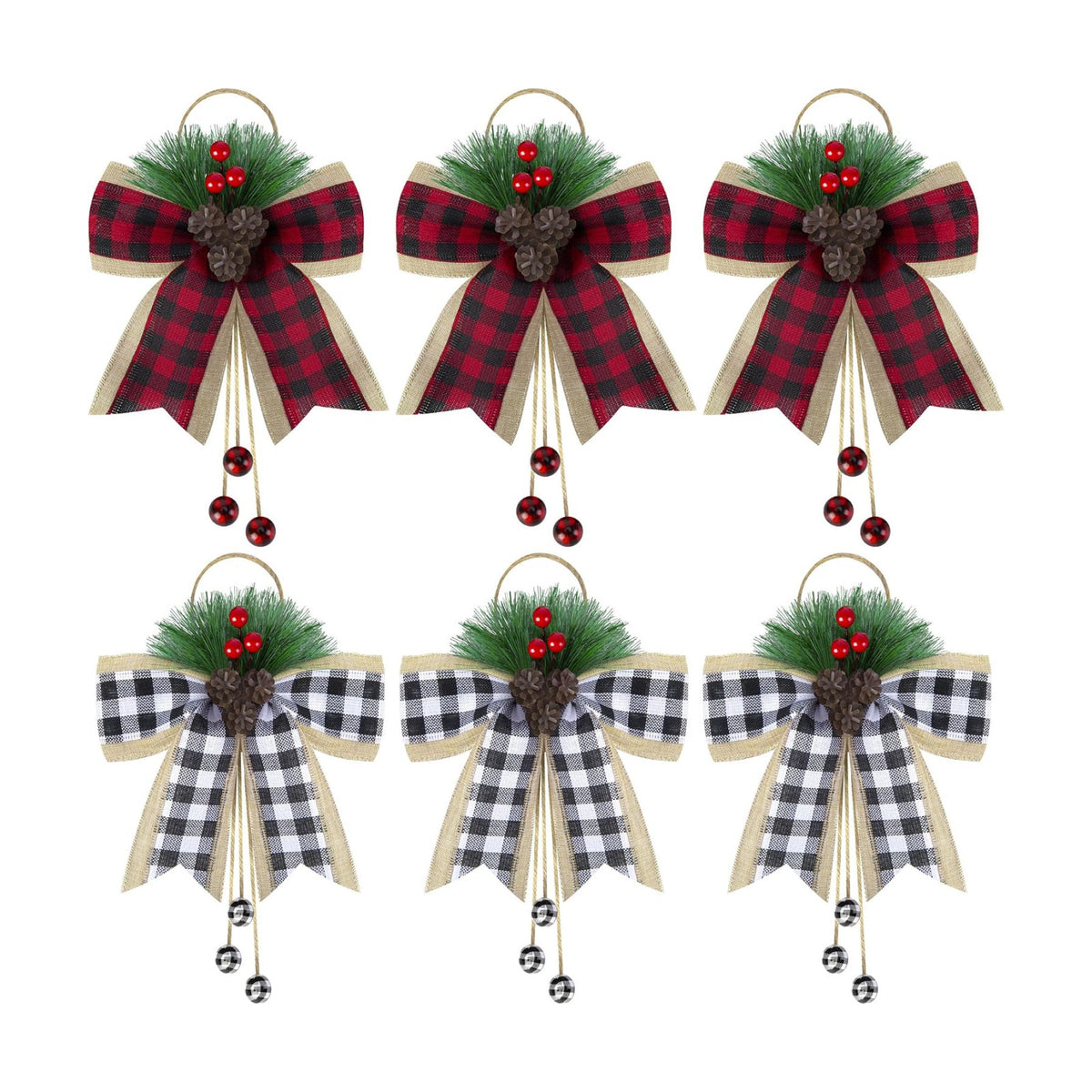 codree 6 Pcs Christmas Burlap Plaid Bows with Pine Cones Pine Needles