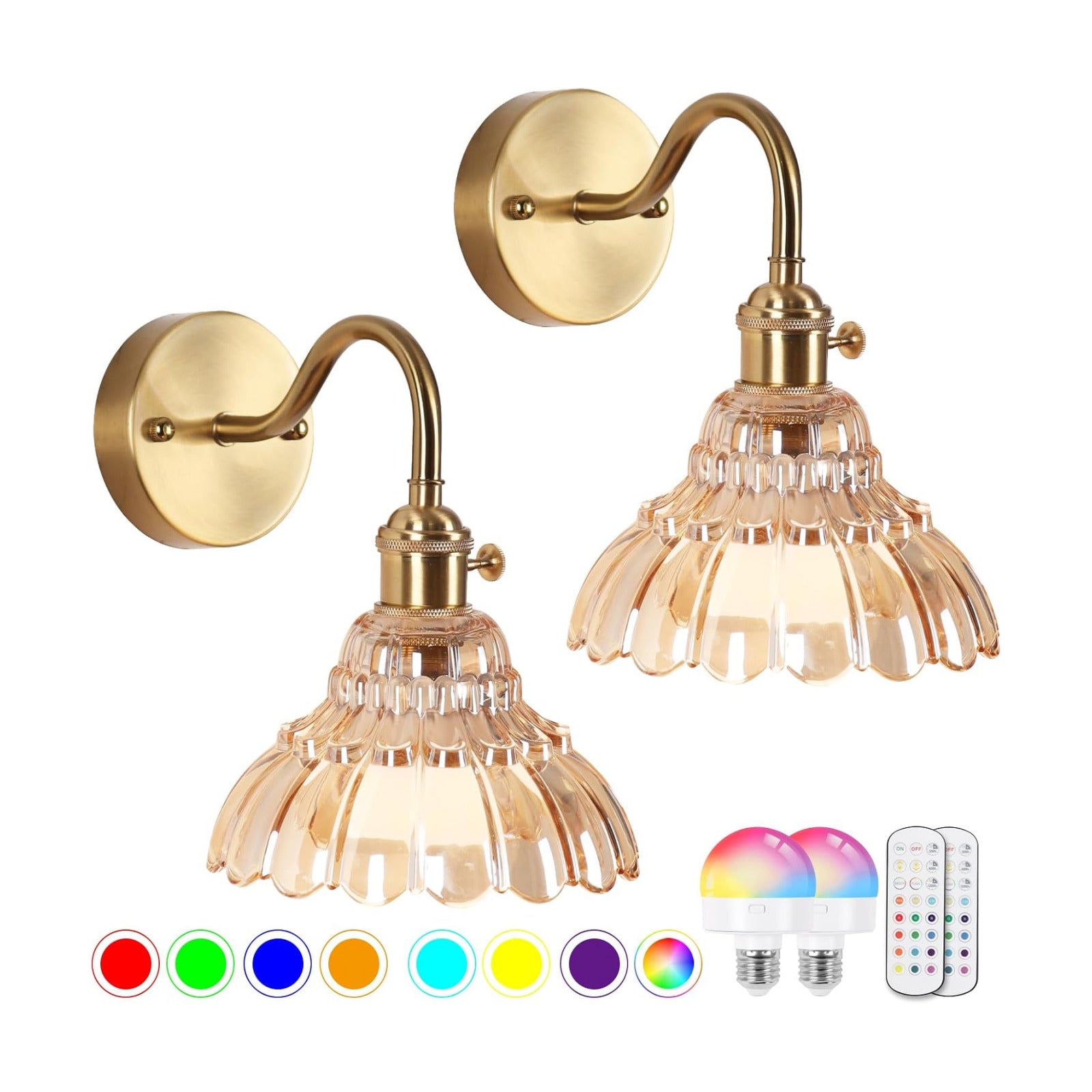 Vintage Battery Operated Wall Sconces Set Of Two, Indoor not Hardwired Brass Amber Glass Lampshade
