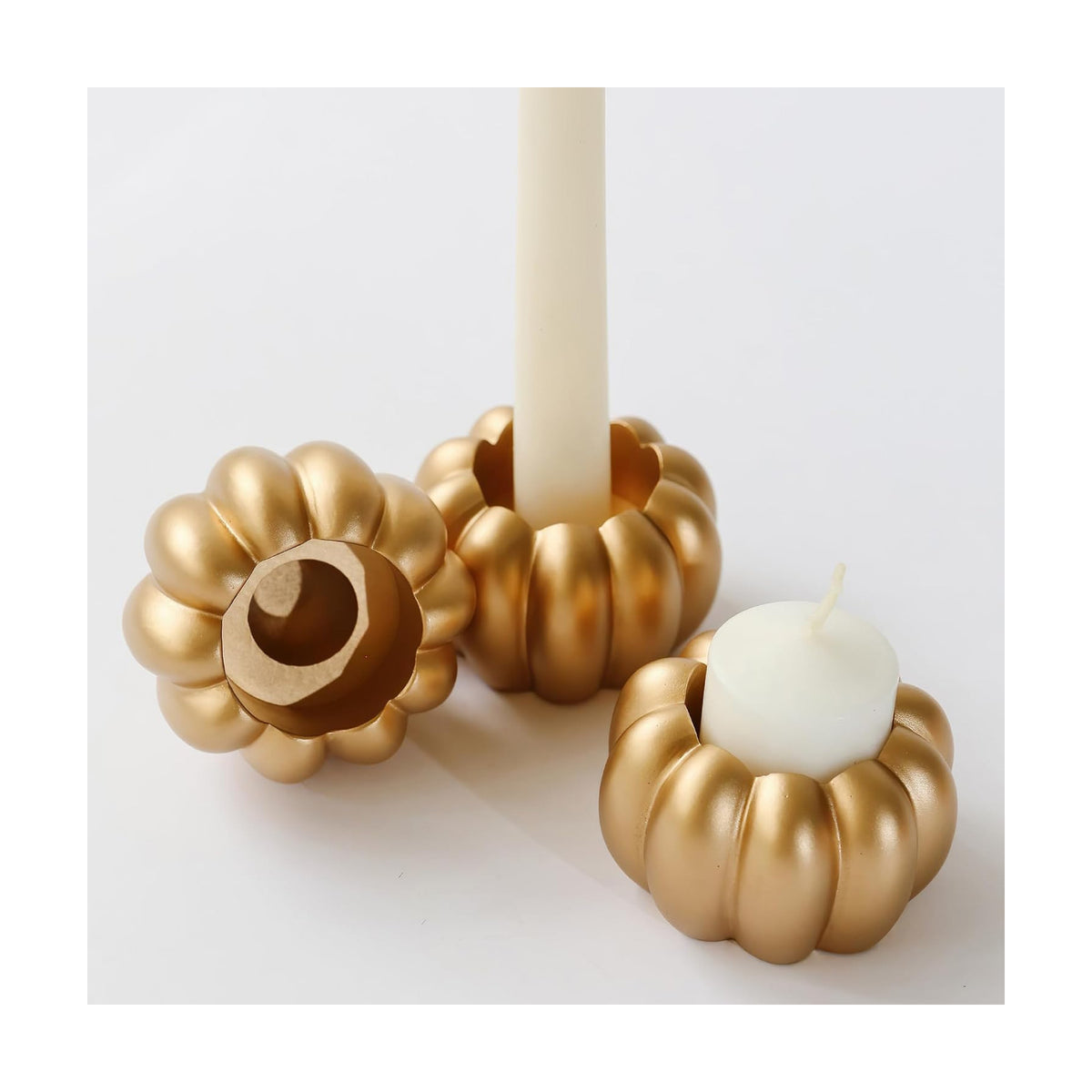Kate Aspen 2-in-1 Gold Pumpkin Candle Holder Set – Fall Taper, Tealight & Votive Candle Holders – Thanksgiving Table Decor, Pumpkin Centerpieces, Halloween Candlestick Holder (Set of 6)
