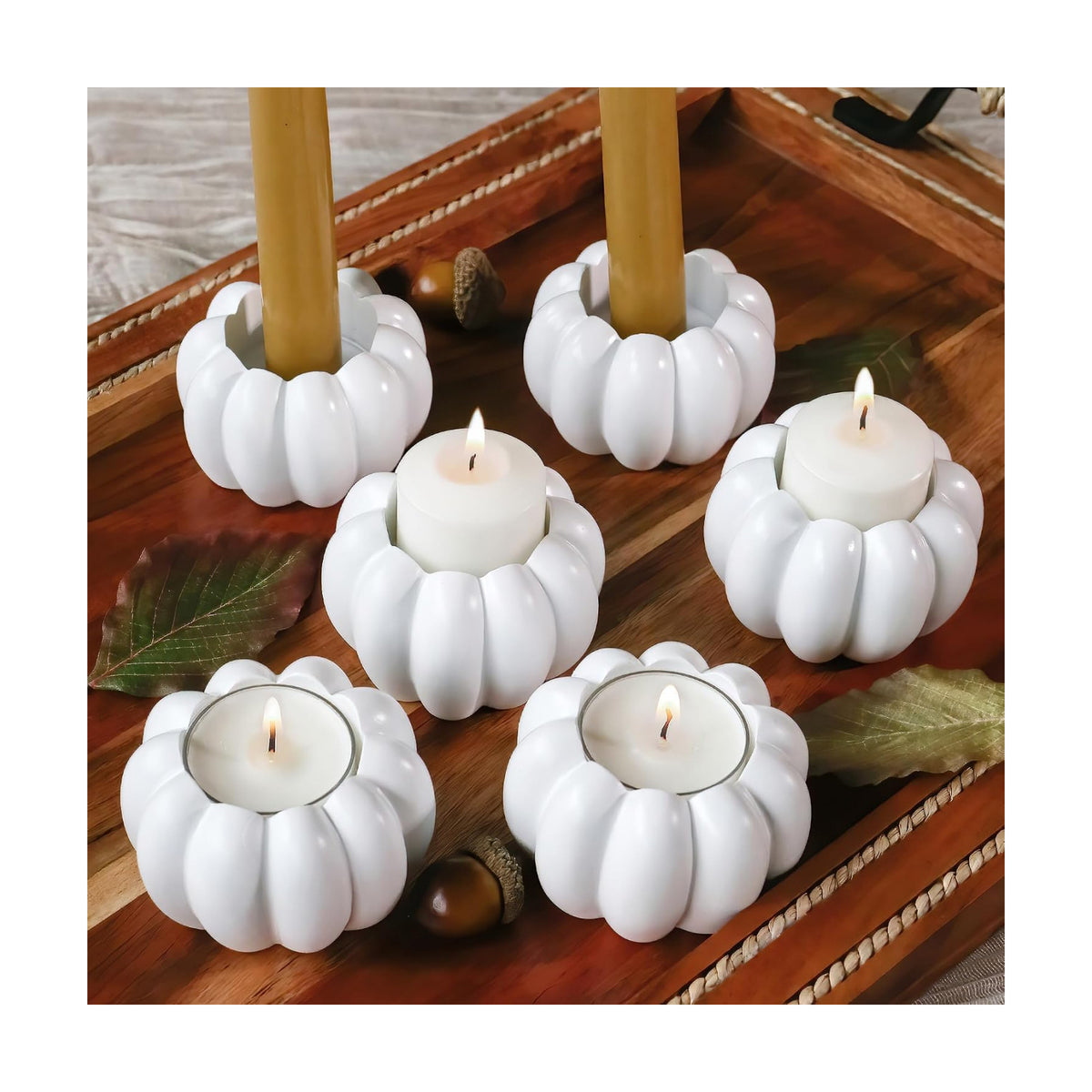 Kate Aspen 2-in-1 White Pumpkin Candlestick Holders, Taper Candle, Tealight & Votive Candle Holders (Set of 6), Dining Table Decor, Shelf Decor, Centerpiece