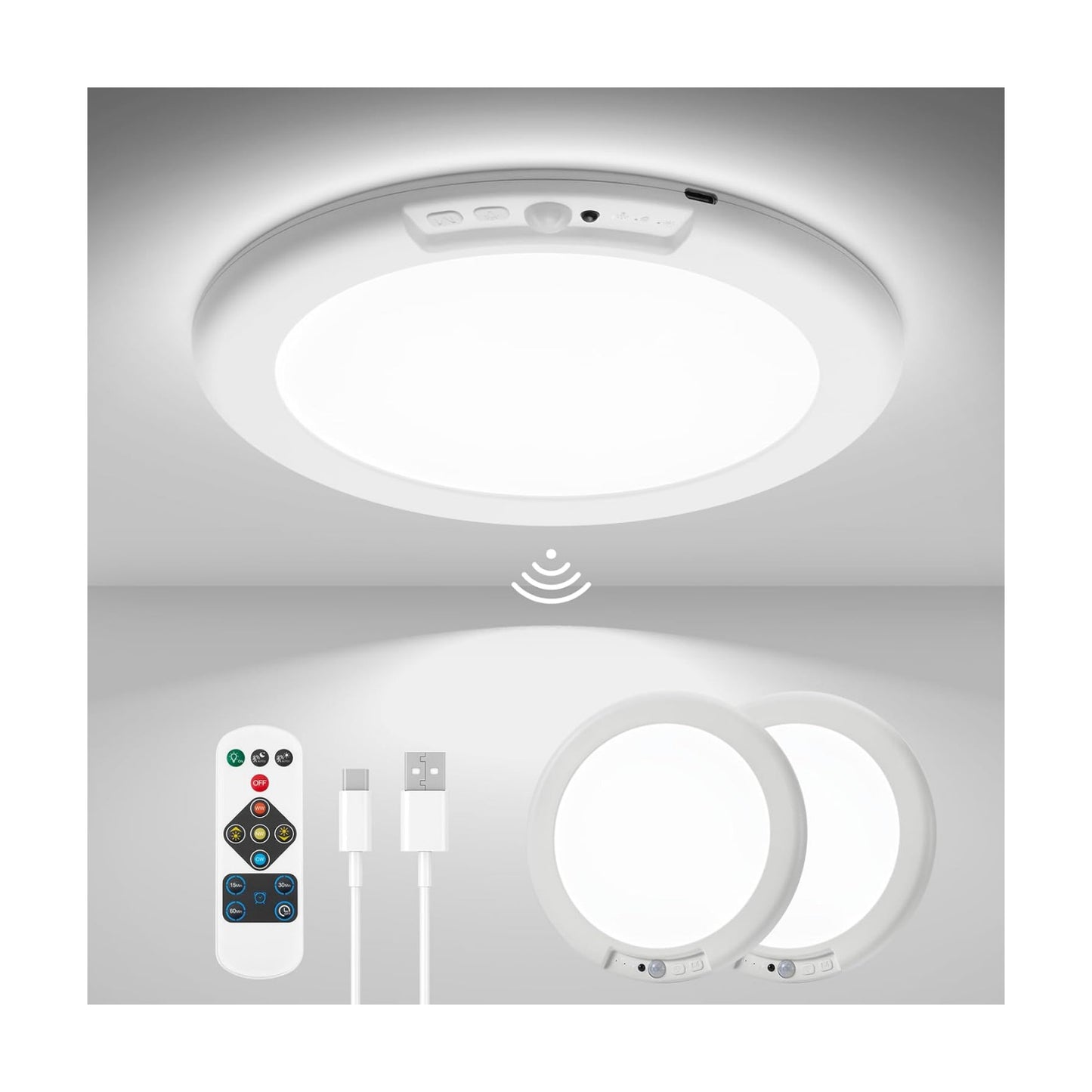 wowatt 2Pcs Battery Operated Ceiling Lights Rechargeable with Motion Sensor | Wireless Shower Light with Remote, 3000K