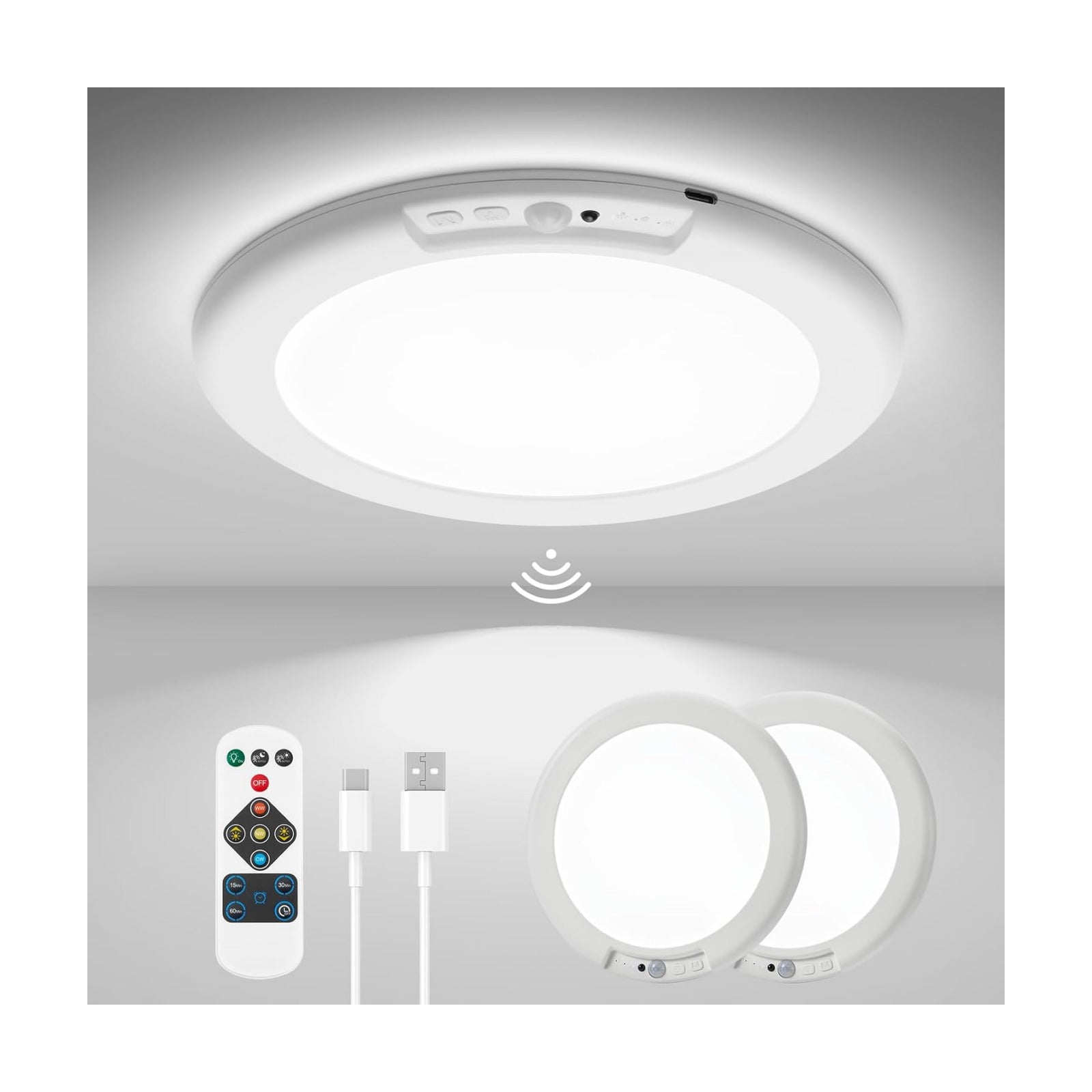 wowatt 2Pcs Battery Operated Ceiling Lights Rechargeable with Motion Sensor | Wireless Shower Light with Remote, 3000K