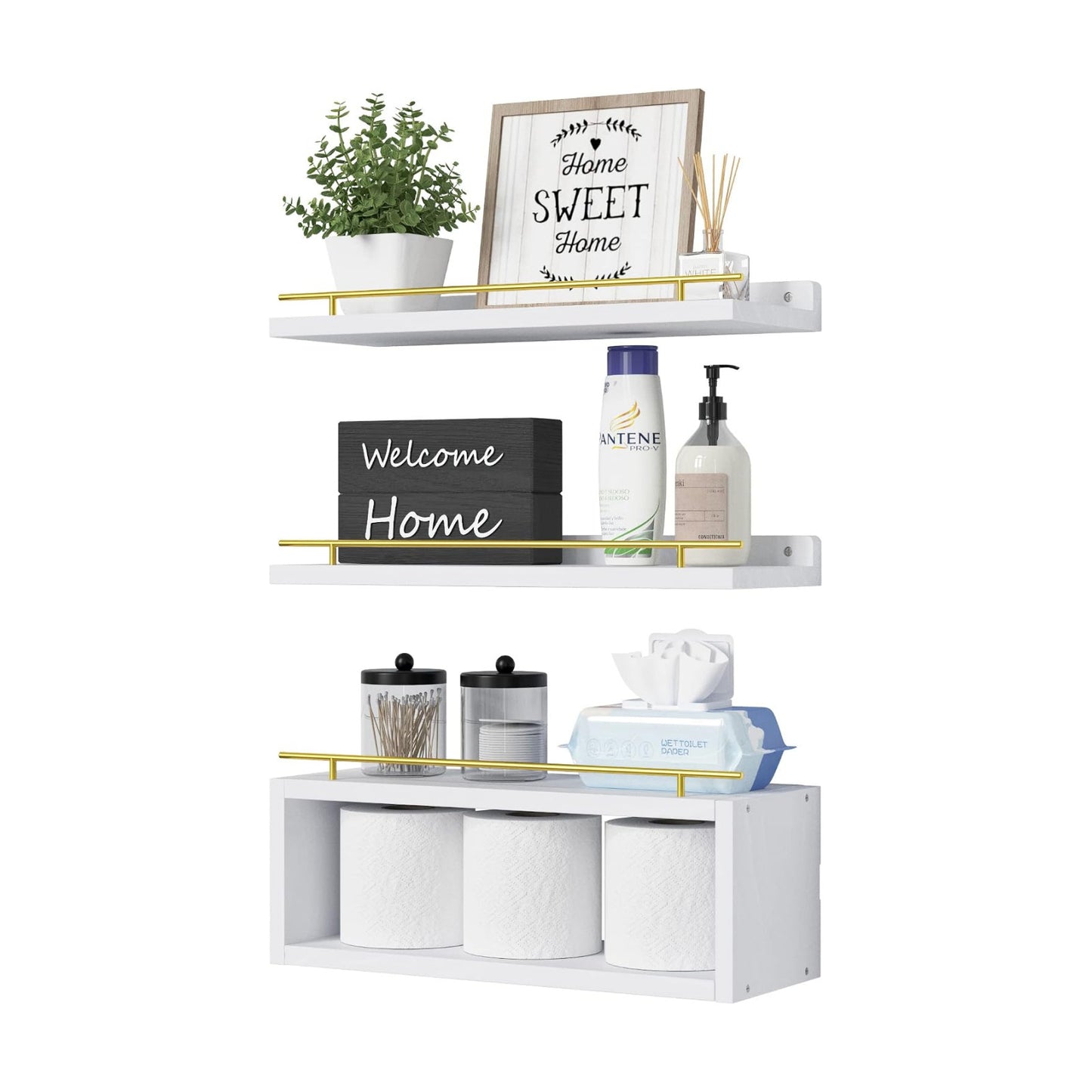 Floating Shelves for Wall with Cube Shelf, Wall Shelves with Metal Rail for Decor, Bathroom Organizers and Storage
