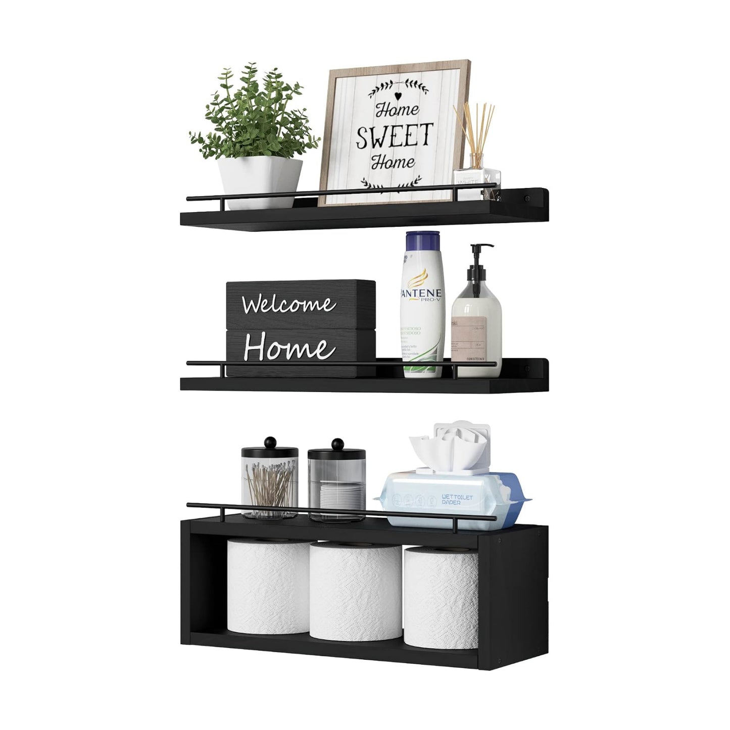 Floating Shelves for Wall with Cube Shelf, Wall Shelves with Metal Rail for Bathroom Decor, Bathroom Organizers and