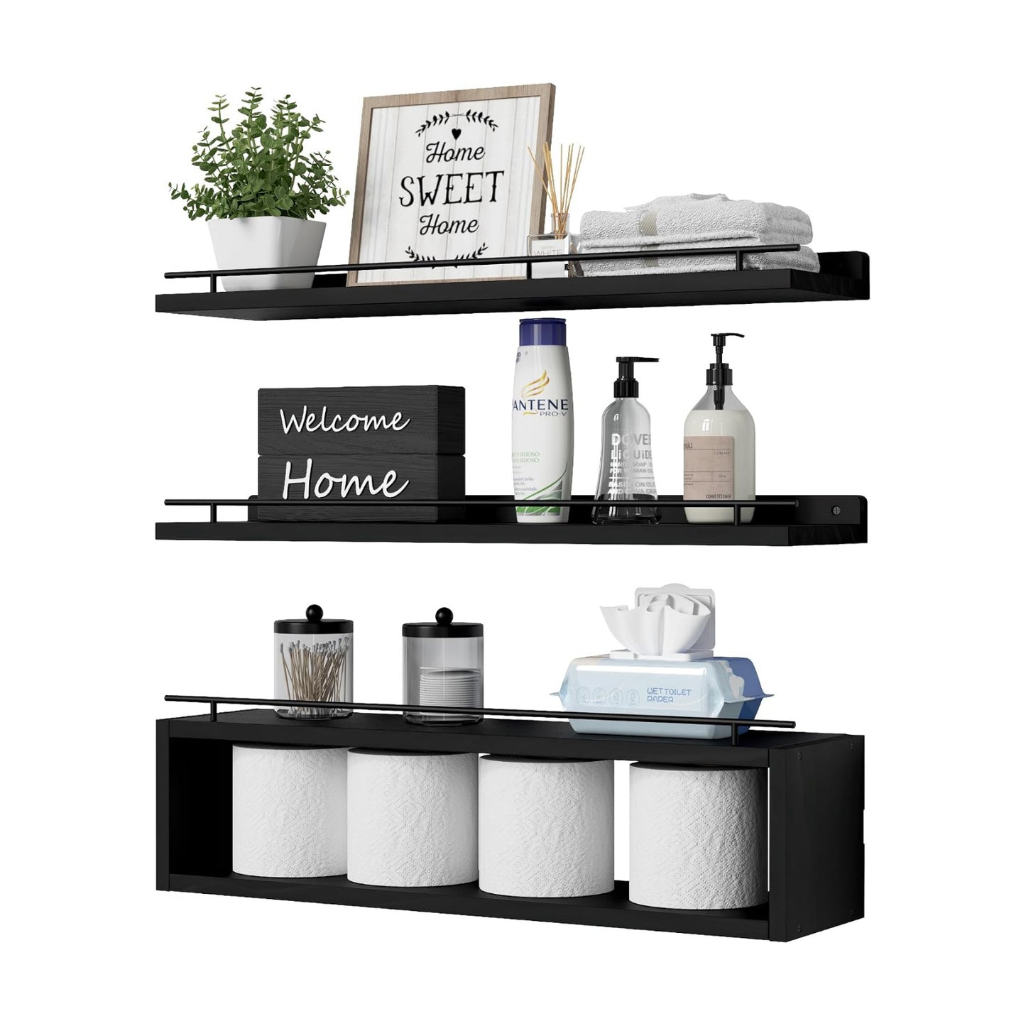 Floating Shelves for Wall 24 inch with Cube Shelf, Wall Shelves with Metal Rail for Decor, Bathroom Organizers and