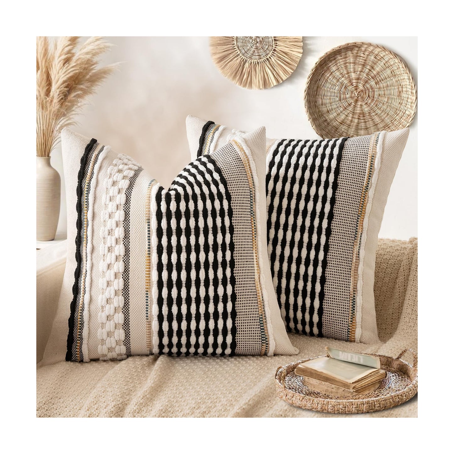 Boho Decorative Throw Pillow Covers Farmhouse Cushion Case / Black-white Stripe / 18 x 18 / Set of 2