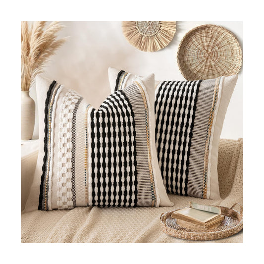 Boho Decorative Throw Pillow Covers Farmhouse Cushion Case / Black-white Stripe / 18 x 18 / Set of 2