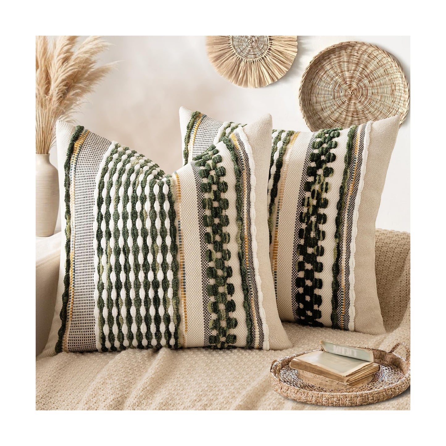 Boho Decorative Throw Pillow Covers Farmhouse Cushion Case / Olive Green Stripe / 18 x 18 / Set of 2