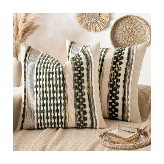 Boho Decorative Throw Pillow Covers Farmhouse Cushion Case / Olive Green Stripe / 18 x 18 / Set of 2