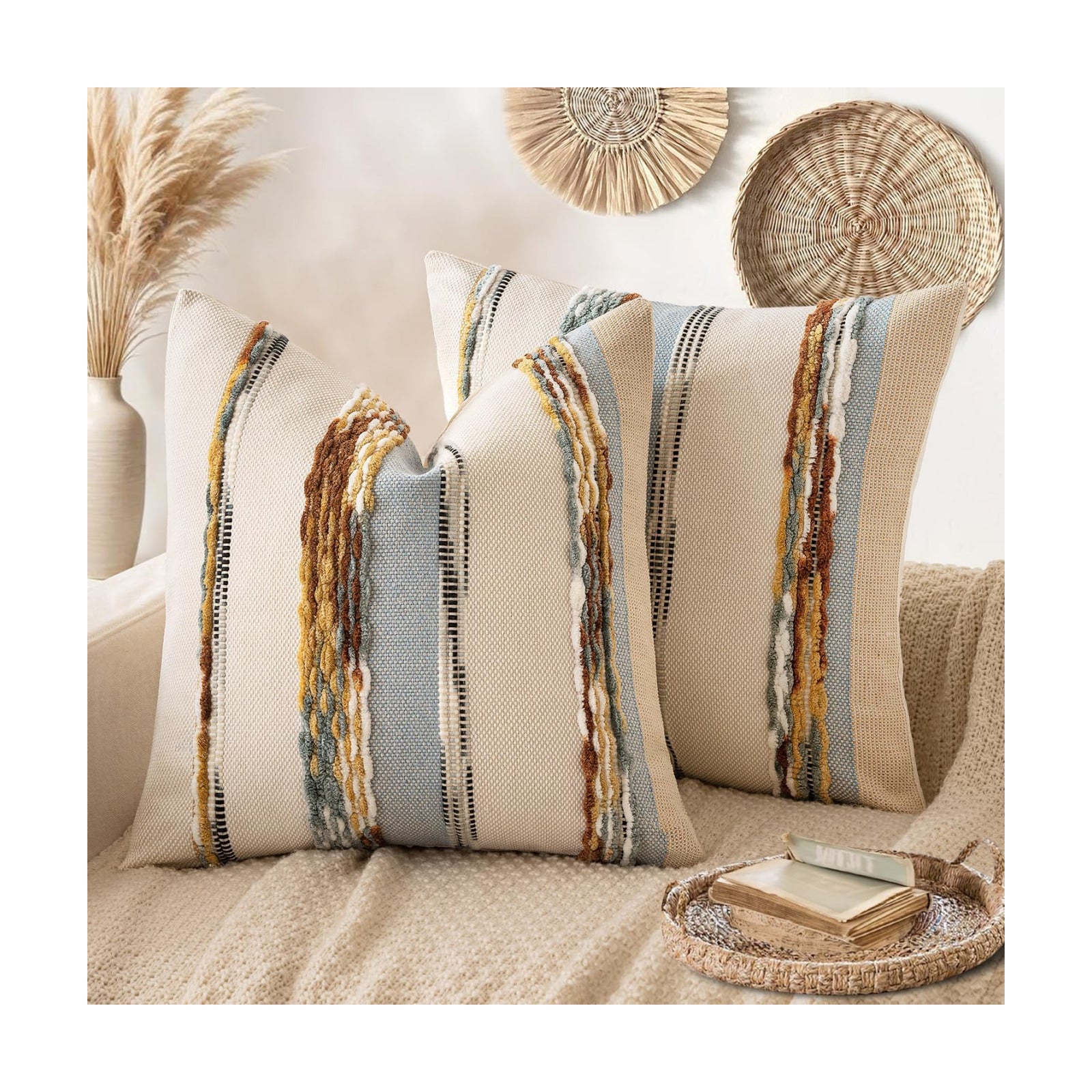 Boho Decorative Throw Pillow Covers Farmhouse Cushion Case / Blue-earth Tones / 18 x 18 / Set of 2