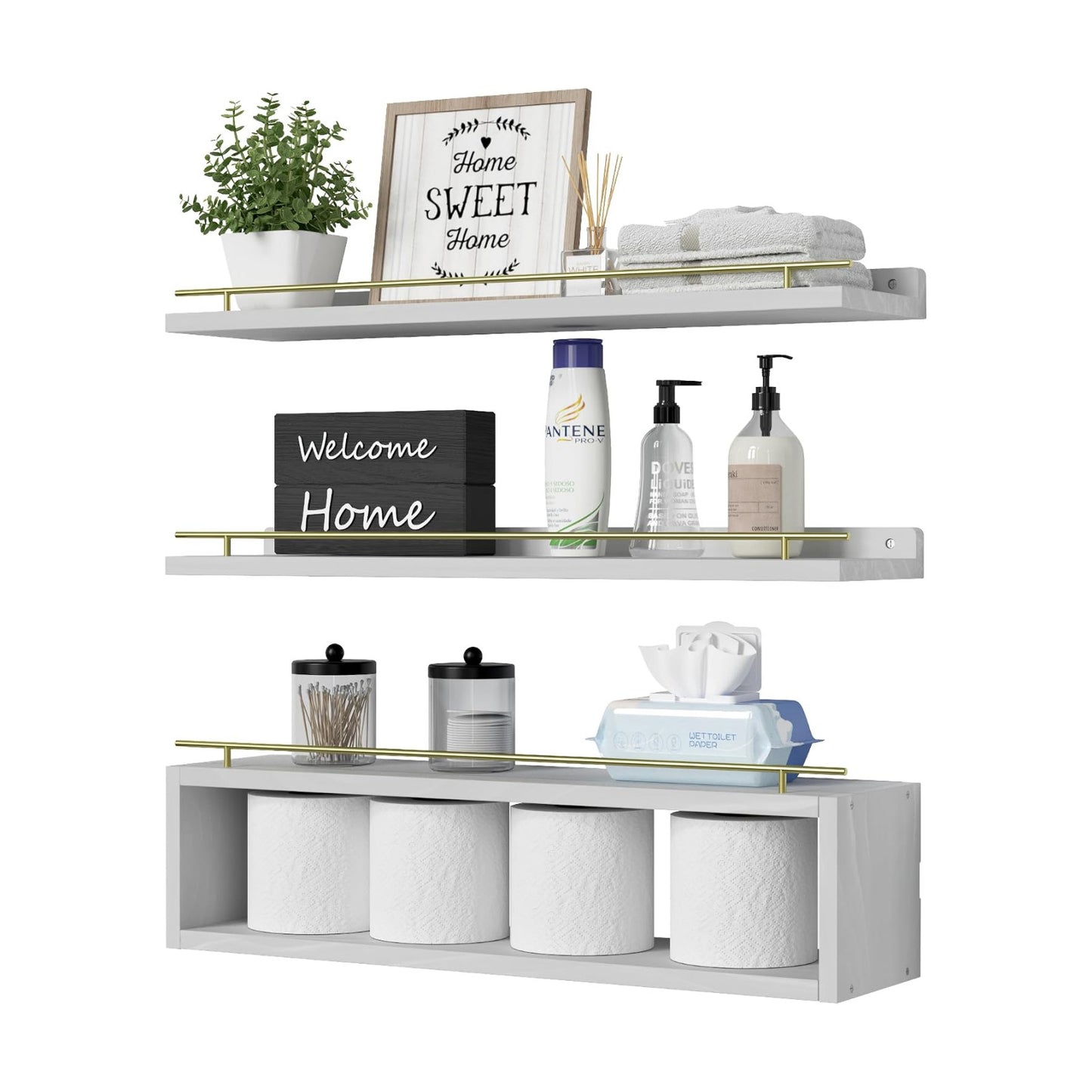 Floating Shelves for Wall 24 inch with Cube Shelf, Wall Shelves with Metal Rail for Decor, Bathroom Organizers and