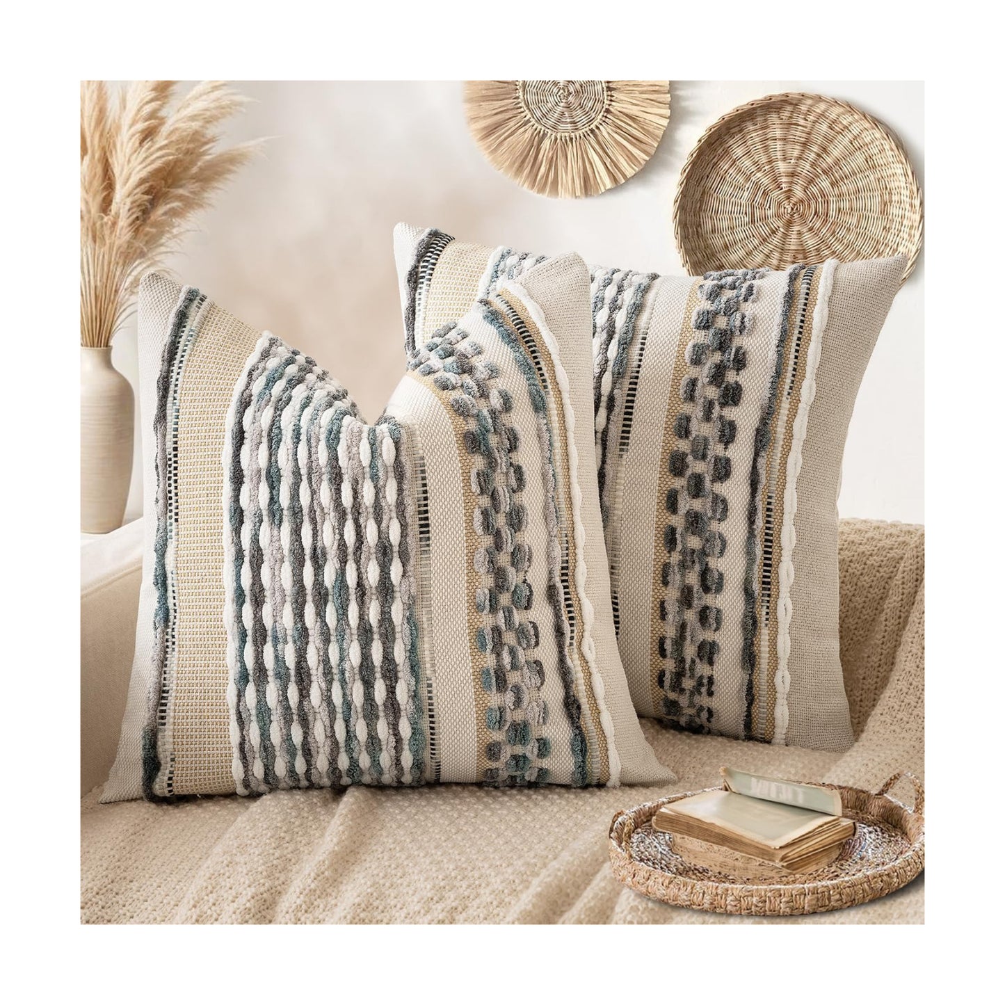 Boho Decorative Throw Pillow Covers Farmhouse Cushion Case / Gray Blue Stripe / 18 x 18 / Set of 2