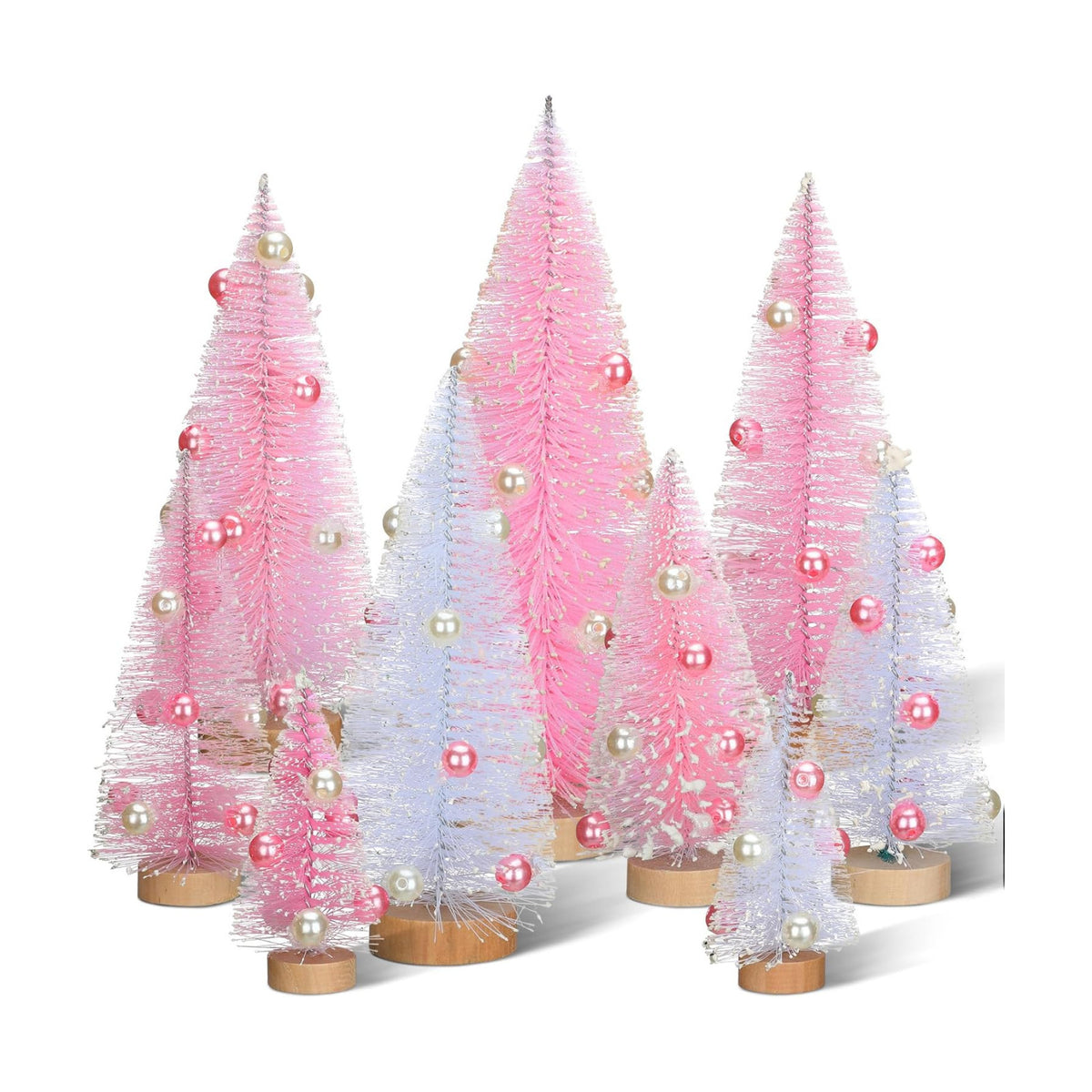 Leyndo 9 Pcs Pink Pearl Artificial Mini Christmas Tree with Wood Base