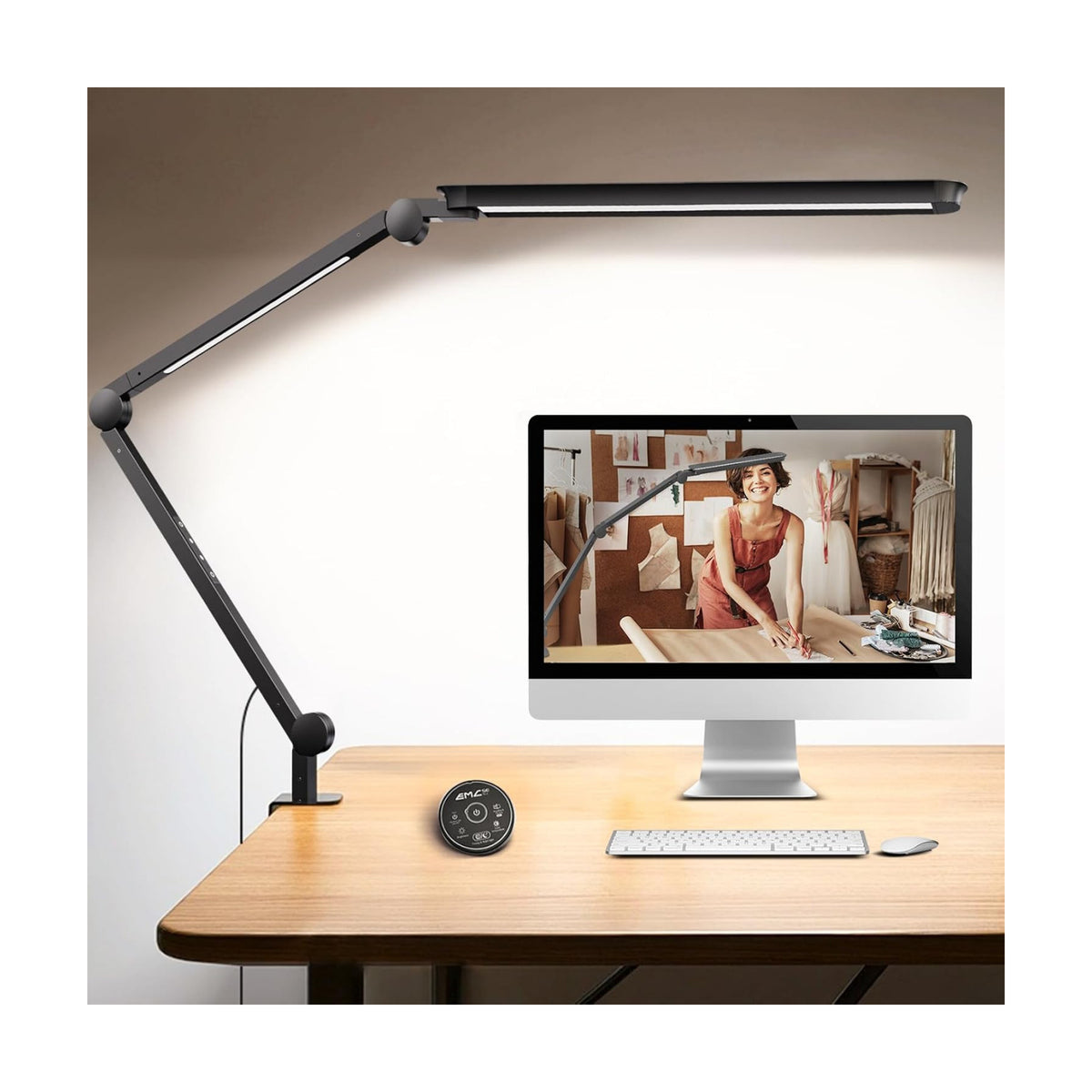 LED Desk Lamp with Clamp, Architect Desk Lamp with Remote, Flexible Swing Arm Desk Light with Dual LED Light, Stepless