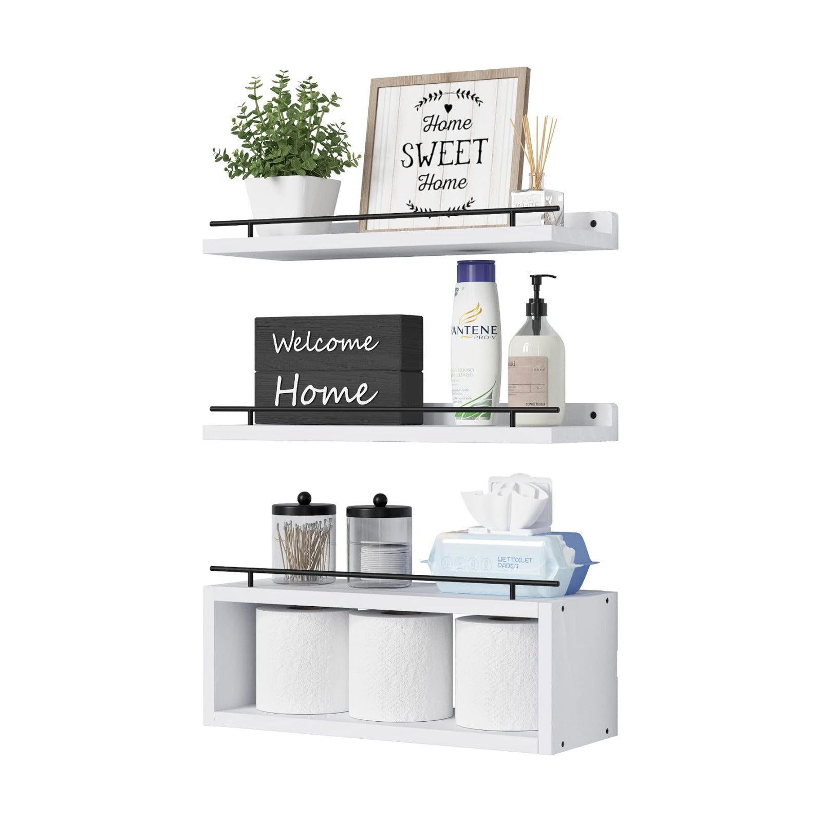 Floating Shelves for Wall with Cube Shelf, Wall Shelves with Metal Rail for Decor, Bathroom Organizers and Storage