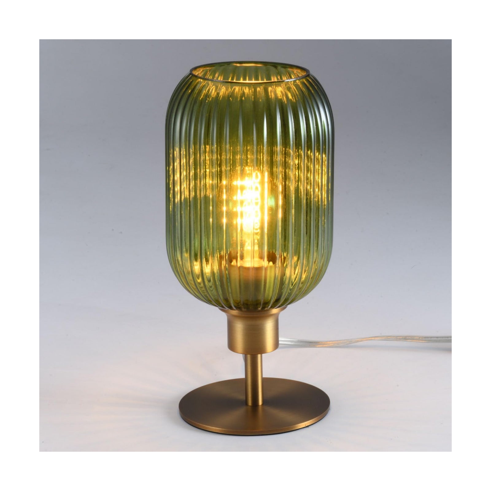 Mid Century Glass Table Lamp,Dimmable Desk Lamp,LED Bulb Included,Timer Build-In,Green Ribbed Glass