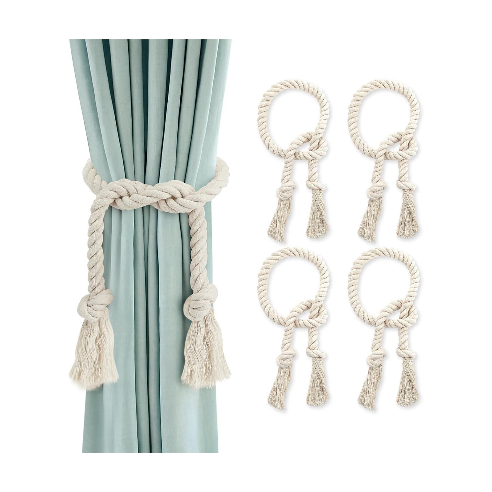 GlasFlength Curtain Tiebacks, Pack of 4 Boho Tiebacks for Curtains, Hand Knitted Curtain Tape, 100 cm, Cotton Rope