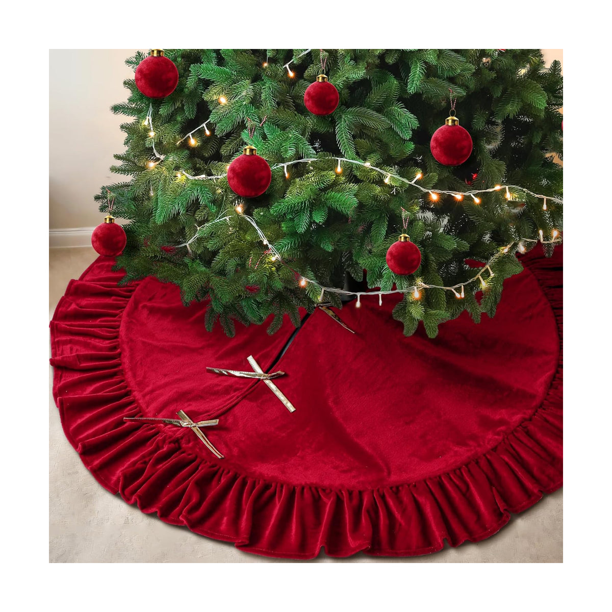 Velvet Christmas Tree Skirt, 48 Inches, Bow Style, Red