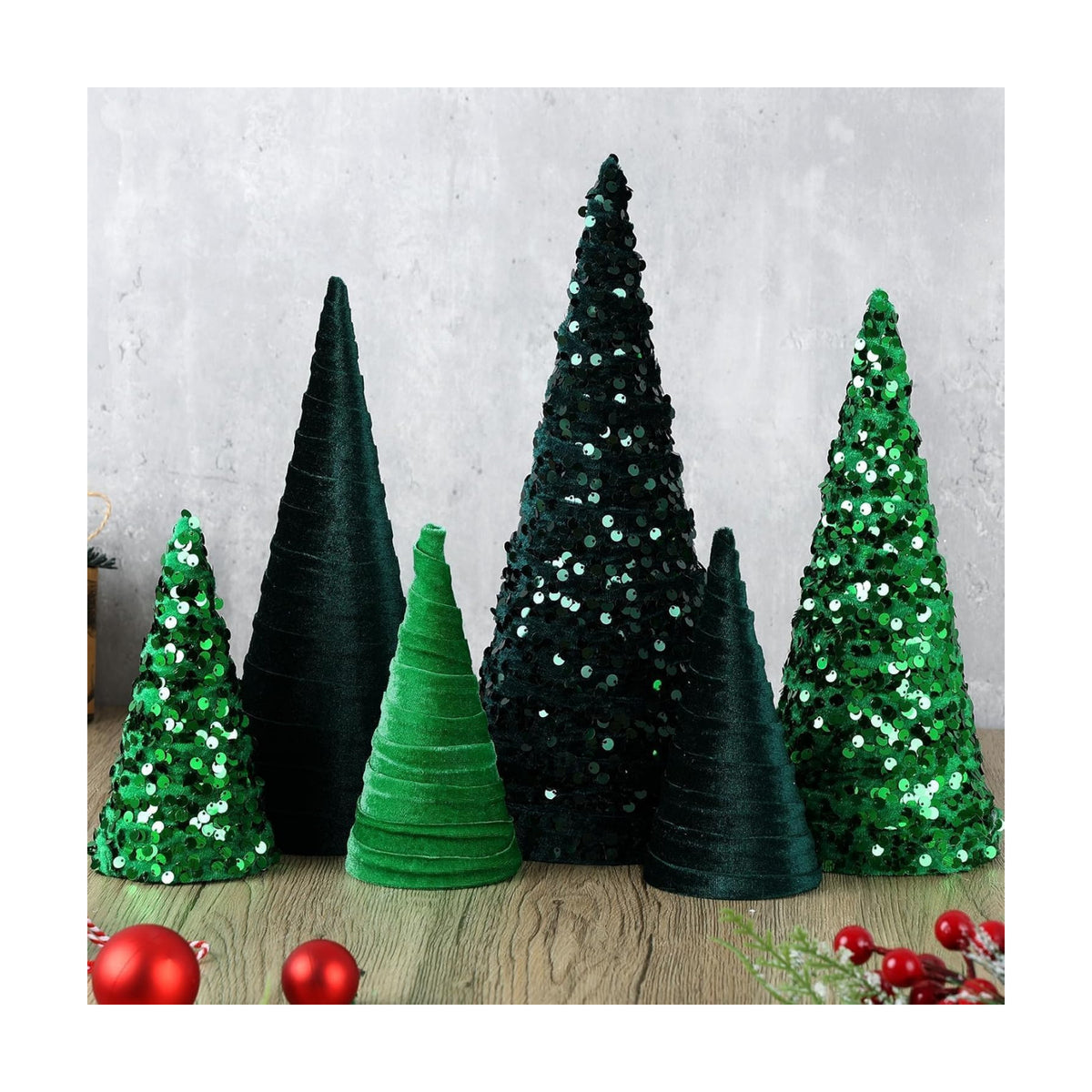 6 Pcs 12" 10" 6" Christmas Green Velet Cone Tree Decoration Christmas Glitter Table Tree Farmhouse Tree Tiered Tray Ornament Xmas Tree for Home Holiday Entryway Tabletop Tree Centerpiece Decor