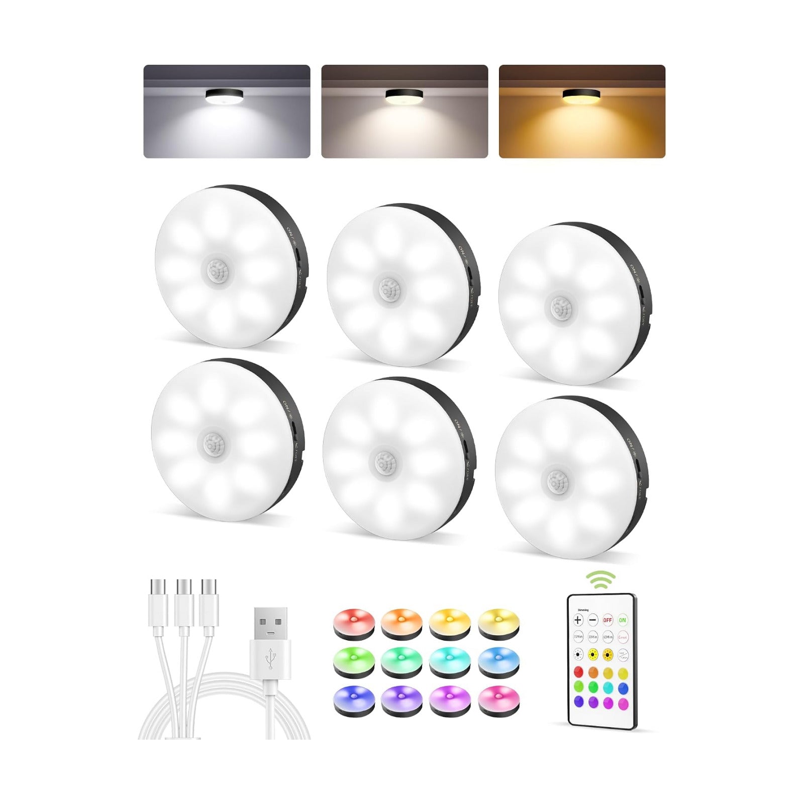 EZVALO RGB Under Cabinet Puck Lights with Remote, Motion Sensor Lights | Matte Black, 6-Pack with Remote, Rechargeable