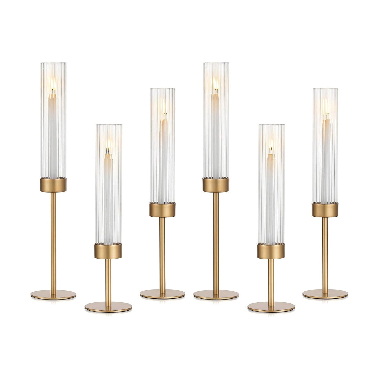 Glasseam Hurricane Gold Candlestick Holders: 6Pcs Taper with Glass Cylinder | Brass Candle Stick, Ribbed, Fluted Shade