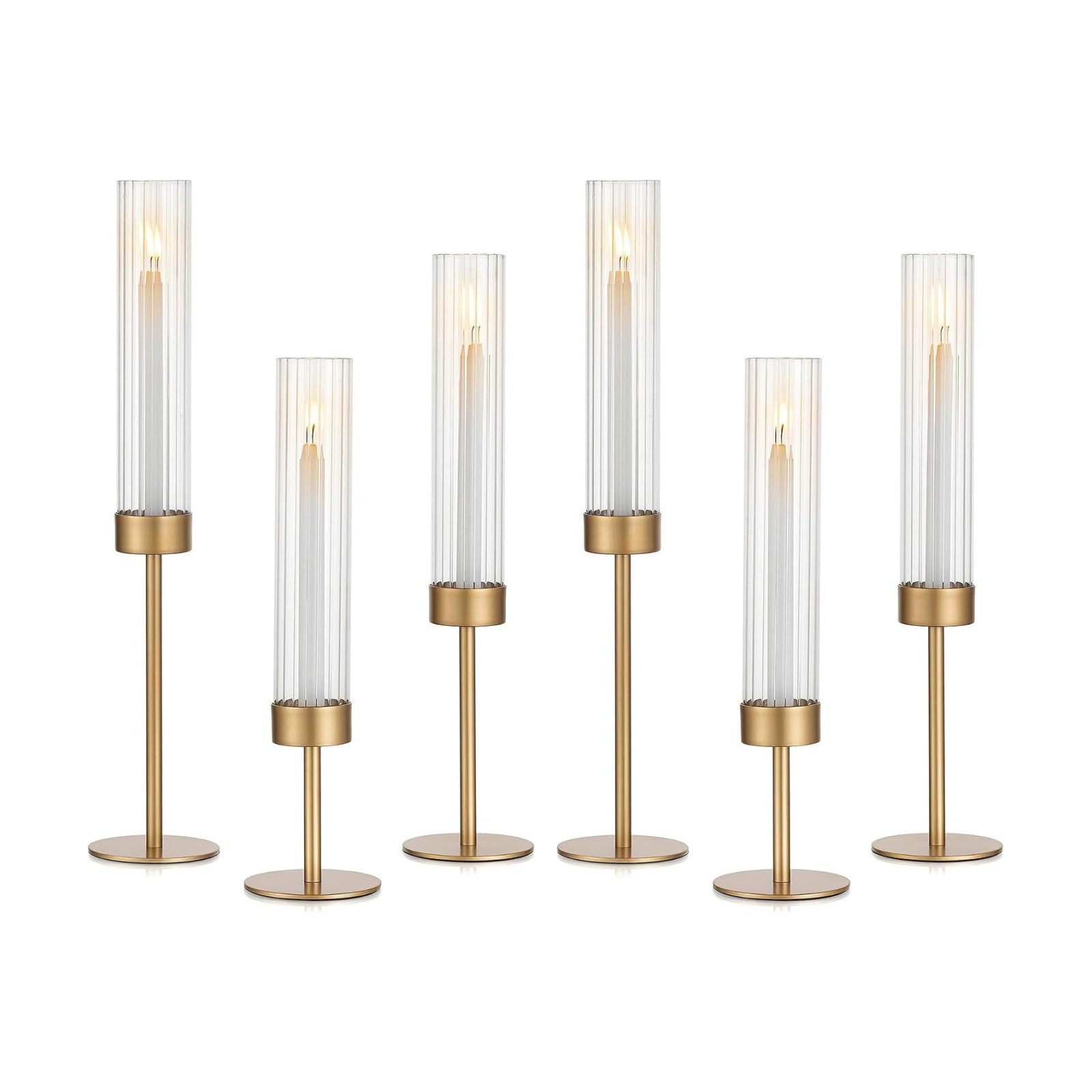 Glasseam Hurricane Gold Candlestick Holders: 6Pcs Taper with Glass Cylinder | Brass Candle Stick, Ribbed, Fluted Shade