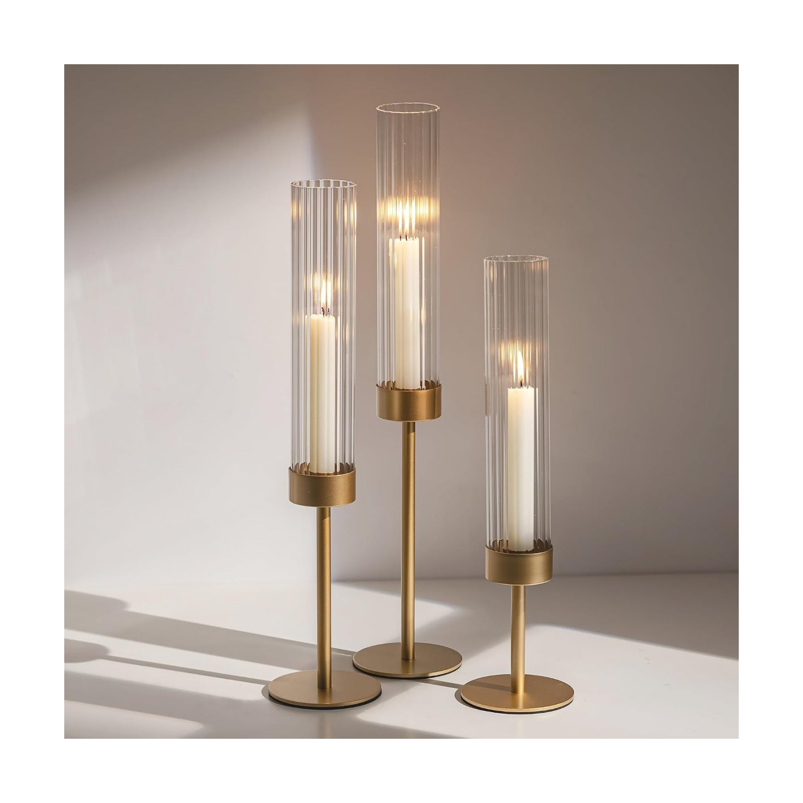 Glasseam Gold Hurricane Taper Candle Holders, 3 Pcs Candlestick with Glass | Ribbed Cylinder Cover, Fluted Shade, Brass