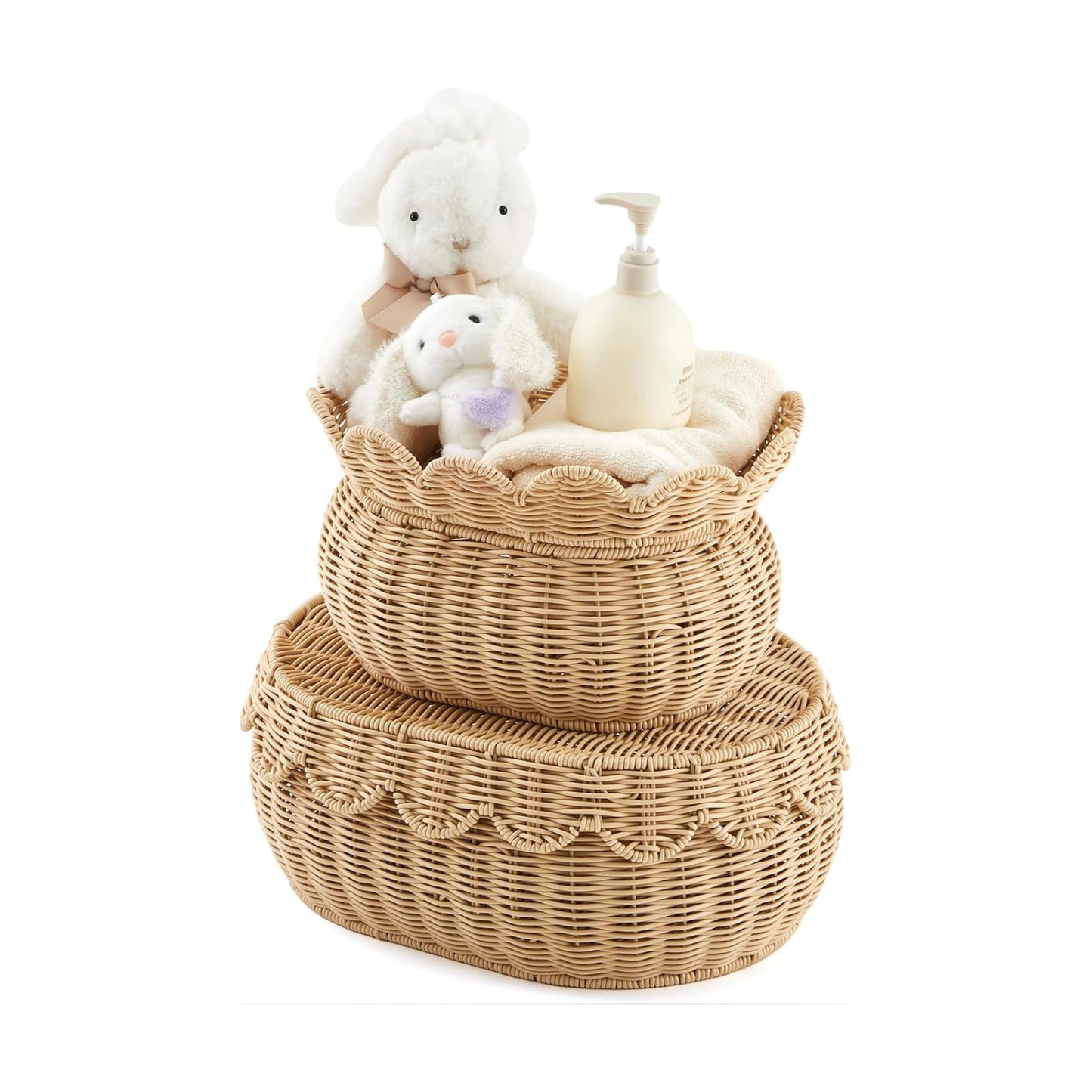 Scalloped Rattan Baskets / Natural / Small, Medium / Set of 2