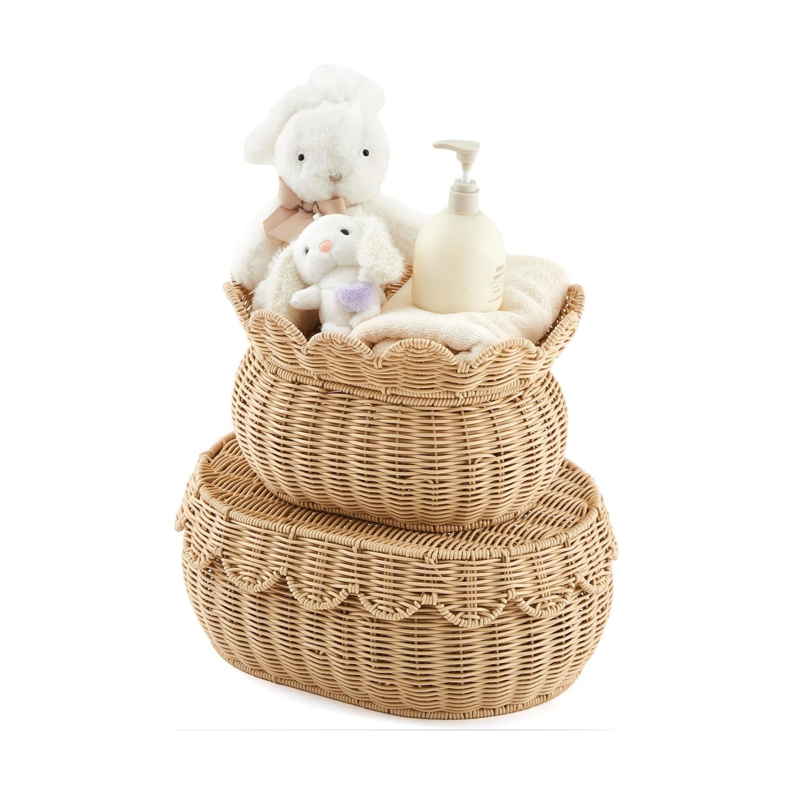 Scalloped Rattan Baskets / Natural / Small, Medium / Set of 2