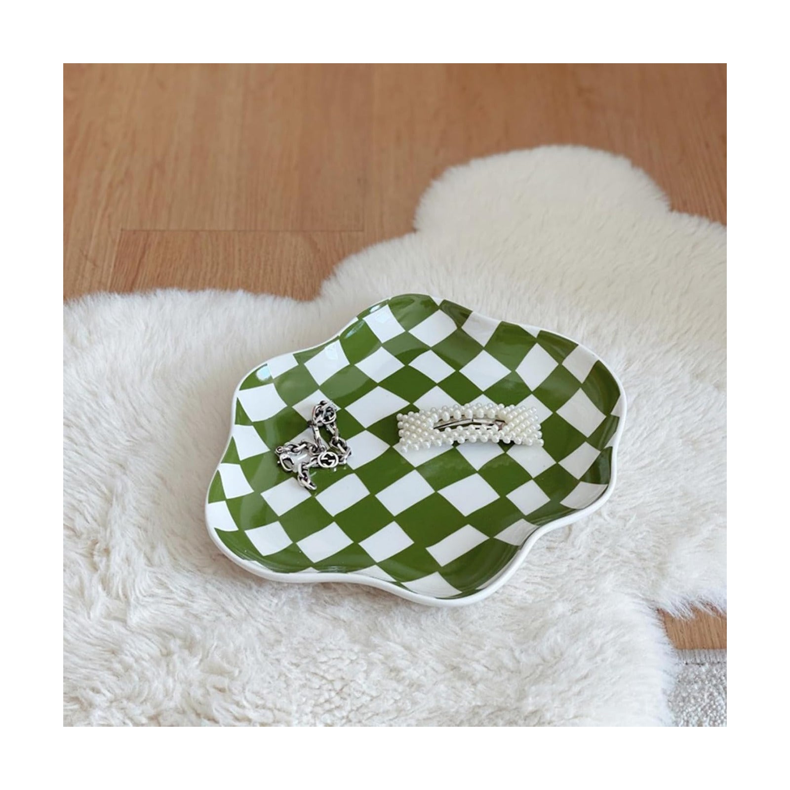 Ceramic checkered jewelry tray / Green