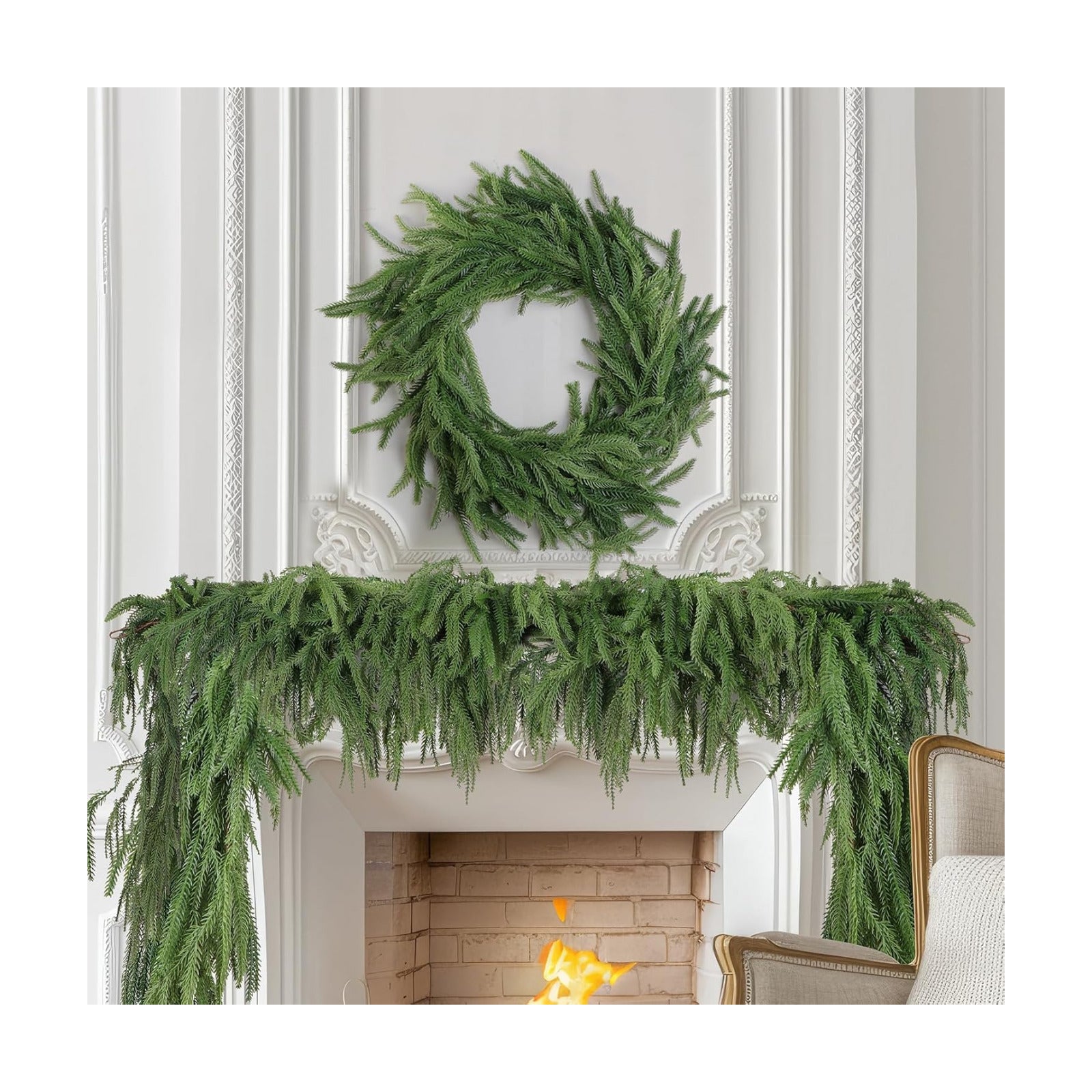 4 Pack Christmas Norfolk Pine Garlands 6FT, Real Touch Greenery | Full Evergreen Pine Garland for Mantle, Fireplace
