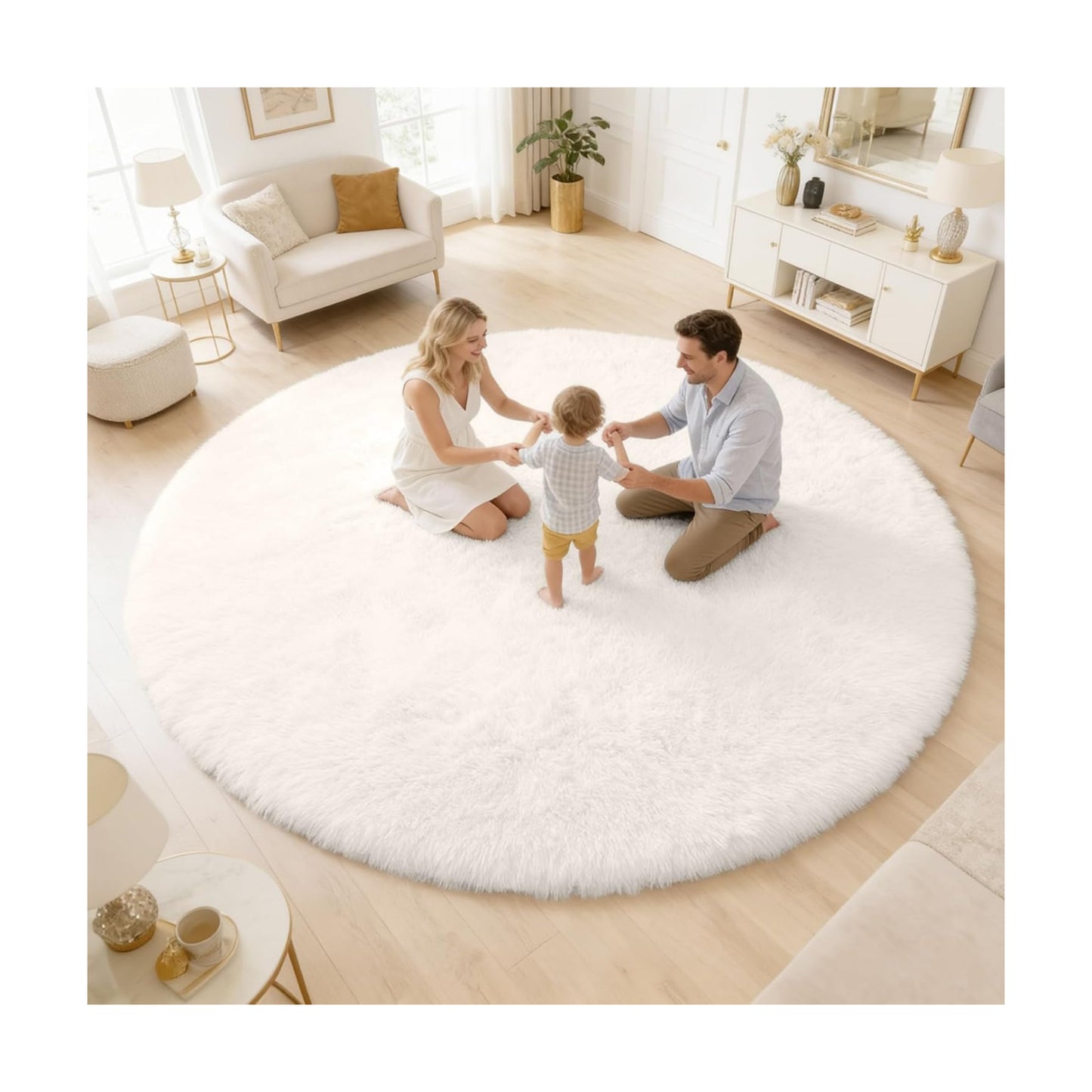 OLANLY Ivory Round Rugs for Bedroom - Machine Washable, 9 ft Circle Area Rugs for Living Room, Soft and Fluffy Shaggy