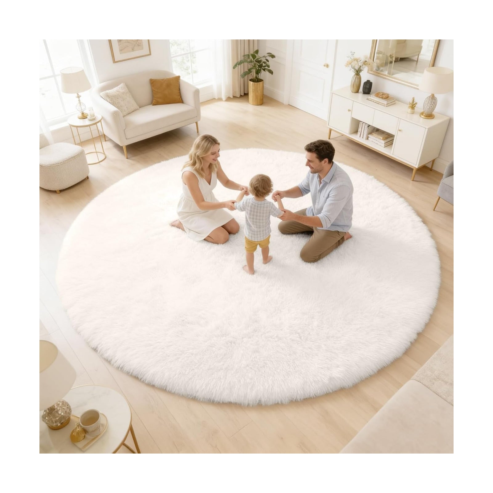 OLANLY Ivory Round Rugs for Bedroom - Machine Washable, 9 ft Circle Area Rugs for Living Room, Soft and Fluffy Shaggy