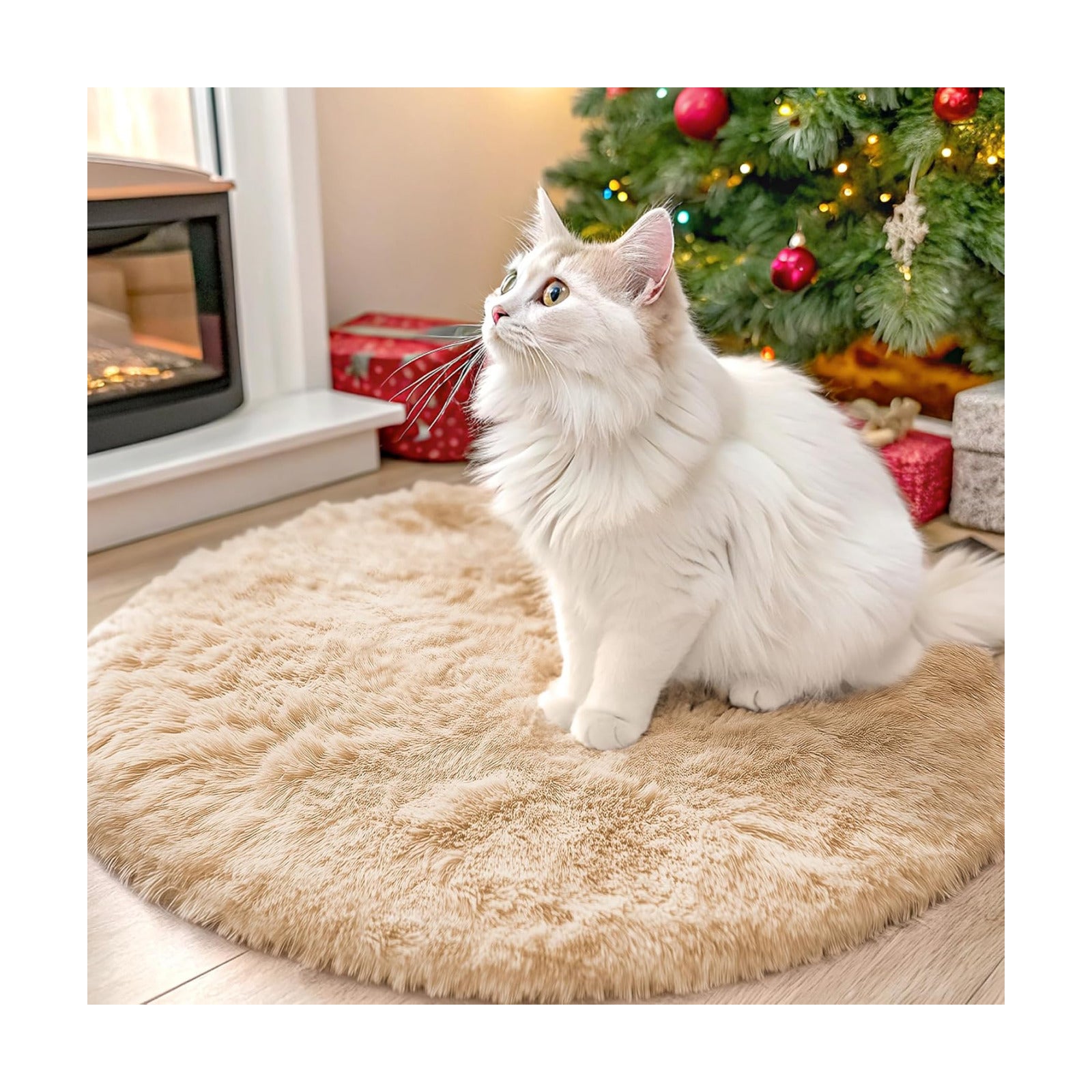 OLANLY Beige Round Rugs for Bedroom - Machine Washable, 2 ft Circle Area Rugs for Living Room, Soft and Fluffy Shaggy