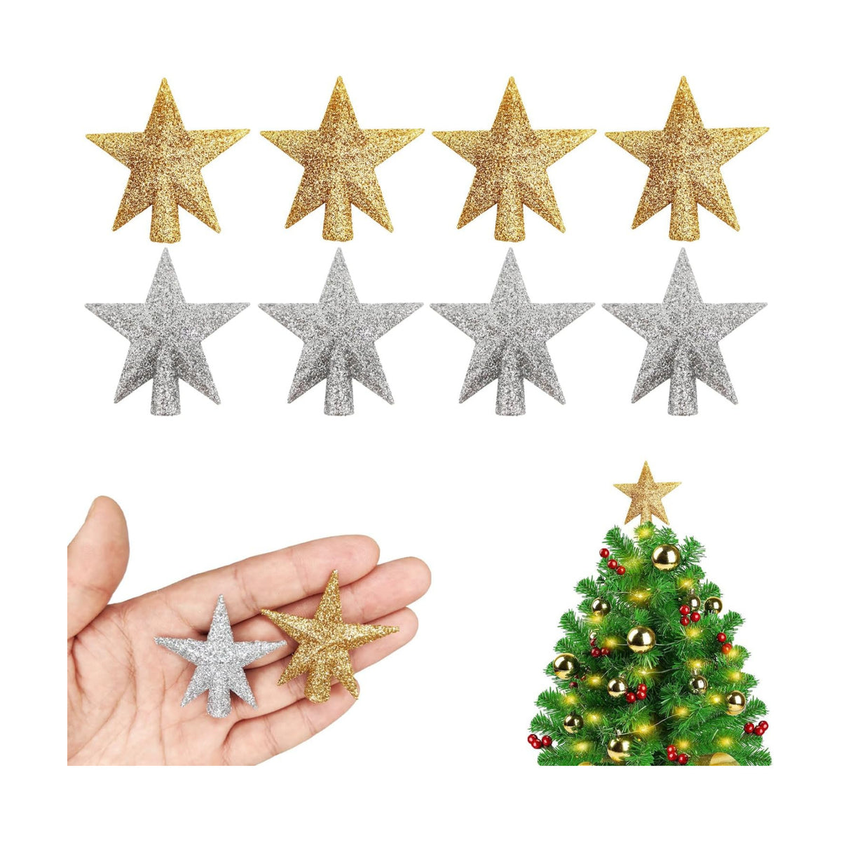 8 Pcs Mini Christmas Tree Topper Mini Star Tree Topper 1.77 Inch Christmas Star Treetop for Small Tree Christmas Holiday Ornaments Decoration (Glitter Gold Silver)