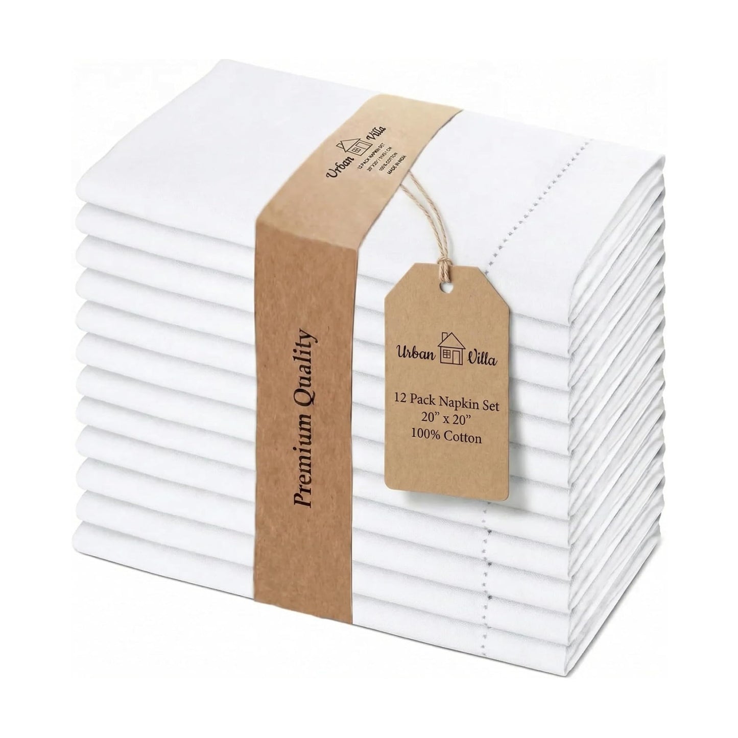 Urban Villa Cloth Napkins White Hemstitch Dinner Napkins Set of 12 (20X20) 100% Cotton Absorbent Washable Durable