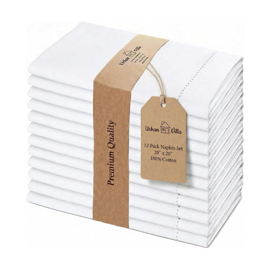 Urban Villa Cloth Napkins White Hemstitch Dinner Napkins Set of 12 (20X20) 100% Cotton Absorbent Washable Durable