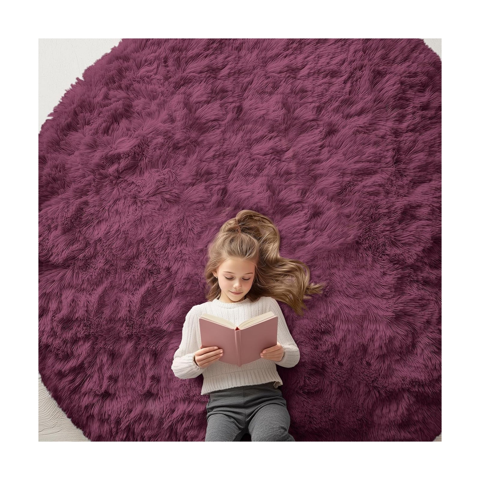 OLANLY Burgundy Round Rugs for Bedroom - Machine Washable, 8 ft Circle Area Rugs for Living Room, Soft and Fluffy