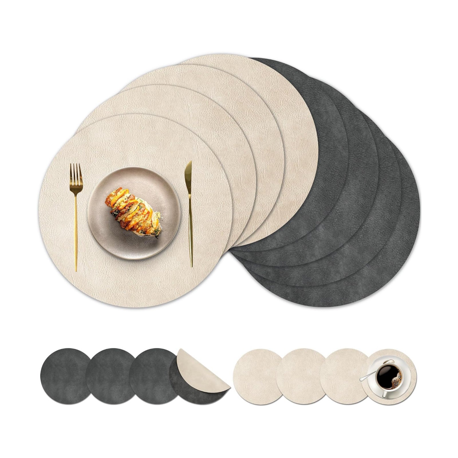 Round Placemats and Coasters Set of 8, Washable Reversible Faux Leather Placemats Cowhide Pattern Place Mats Wipeable