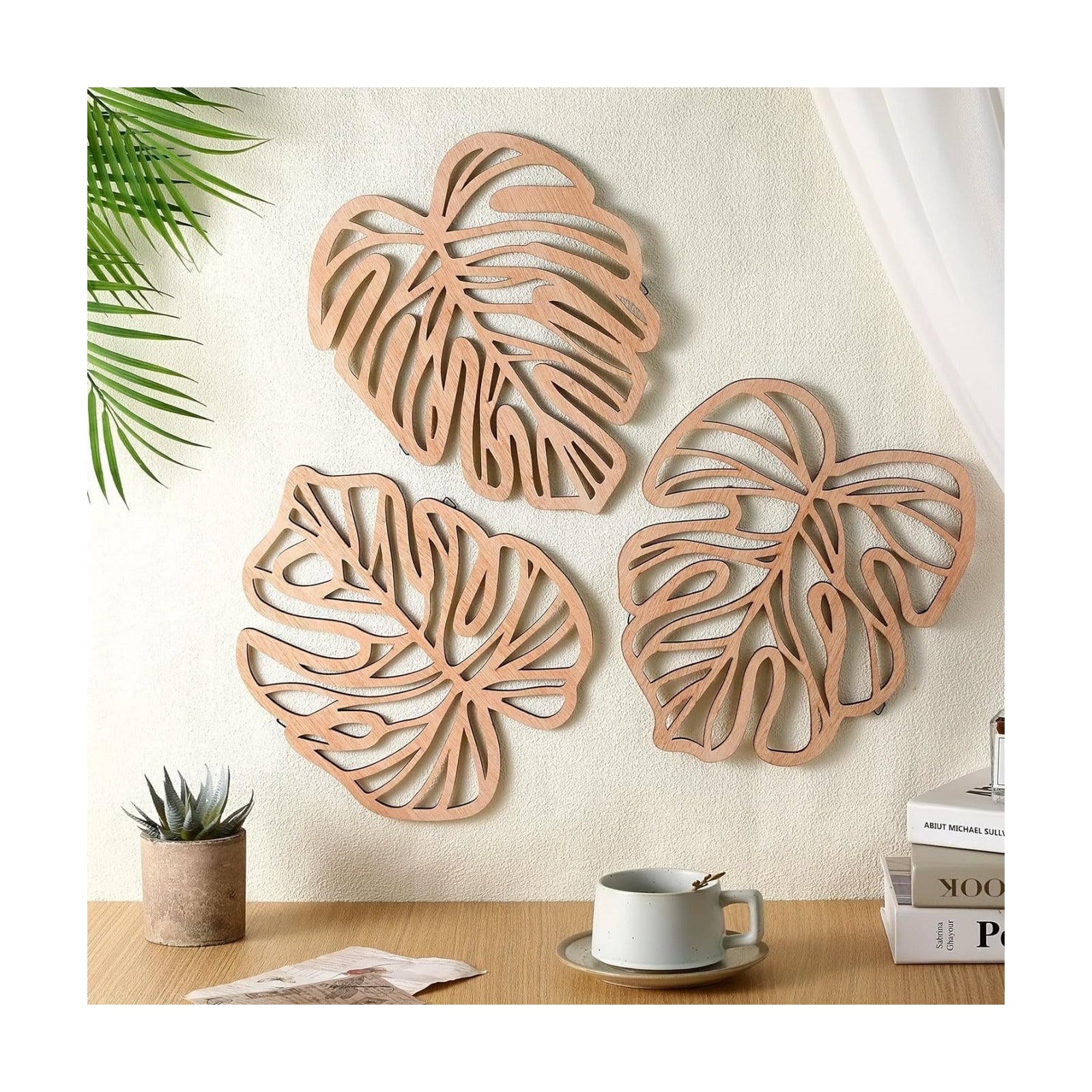 Wooden Natural Leaves Plant Wall Decor / Light Brown / Set of 3