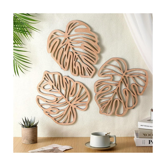 Wooden Natural Leaves Plant Wall Decor / Light Brown / Set of 3